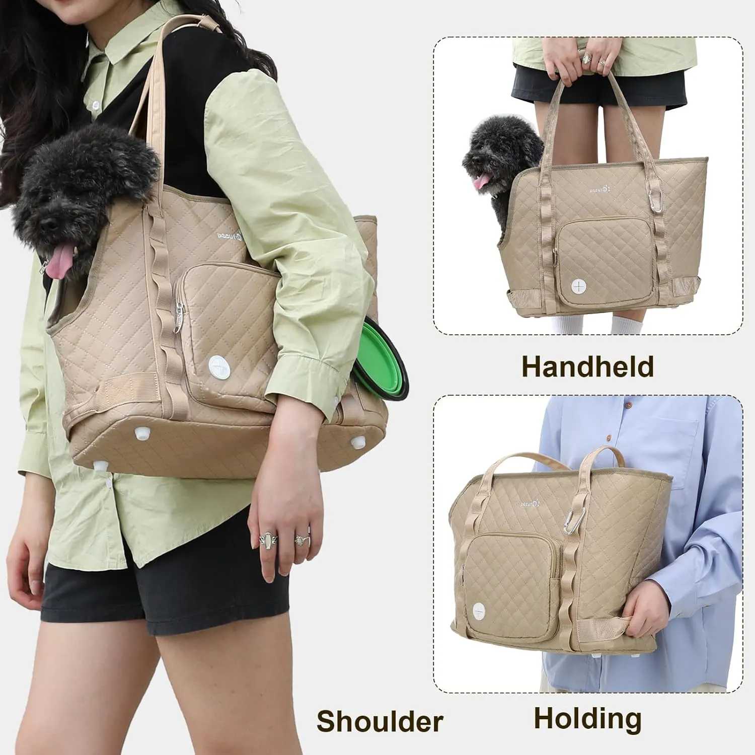 Pecute Dog Purse Carrier, Dog Carrier with Pockets for Small Dogs, Fits Dogs 5.5 lbs to 11 lbs, Lightweight Dog and Puppies Tote Bag Carrier, Outing, Travel, Vet, Khaki