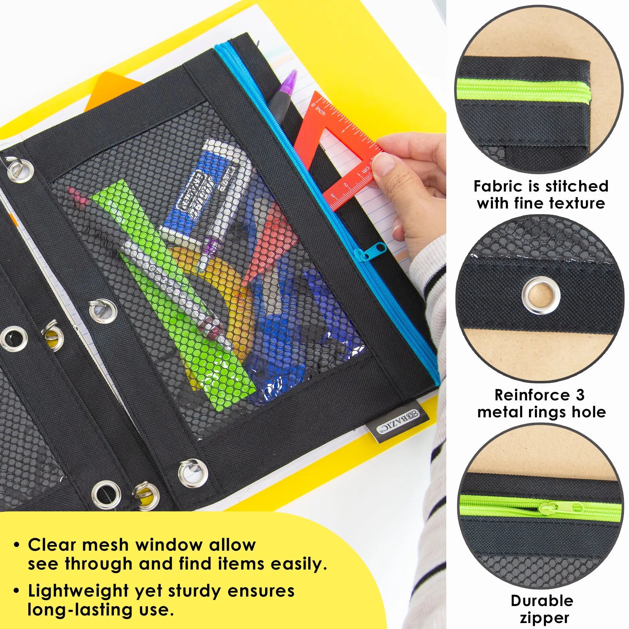 Pencil Pouch Neon Black 3 Ring Binder Pouch w/ Mesh Window