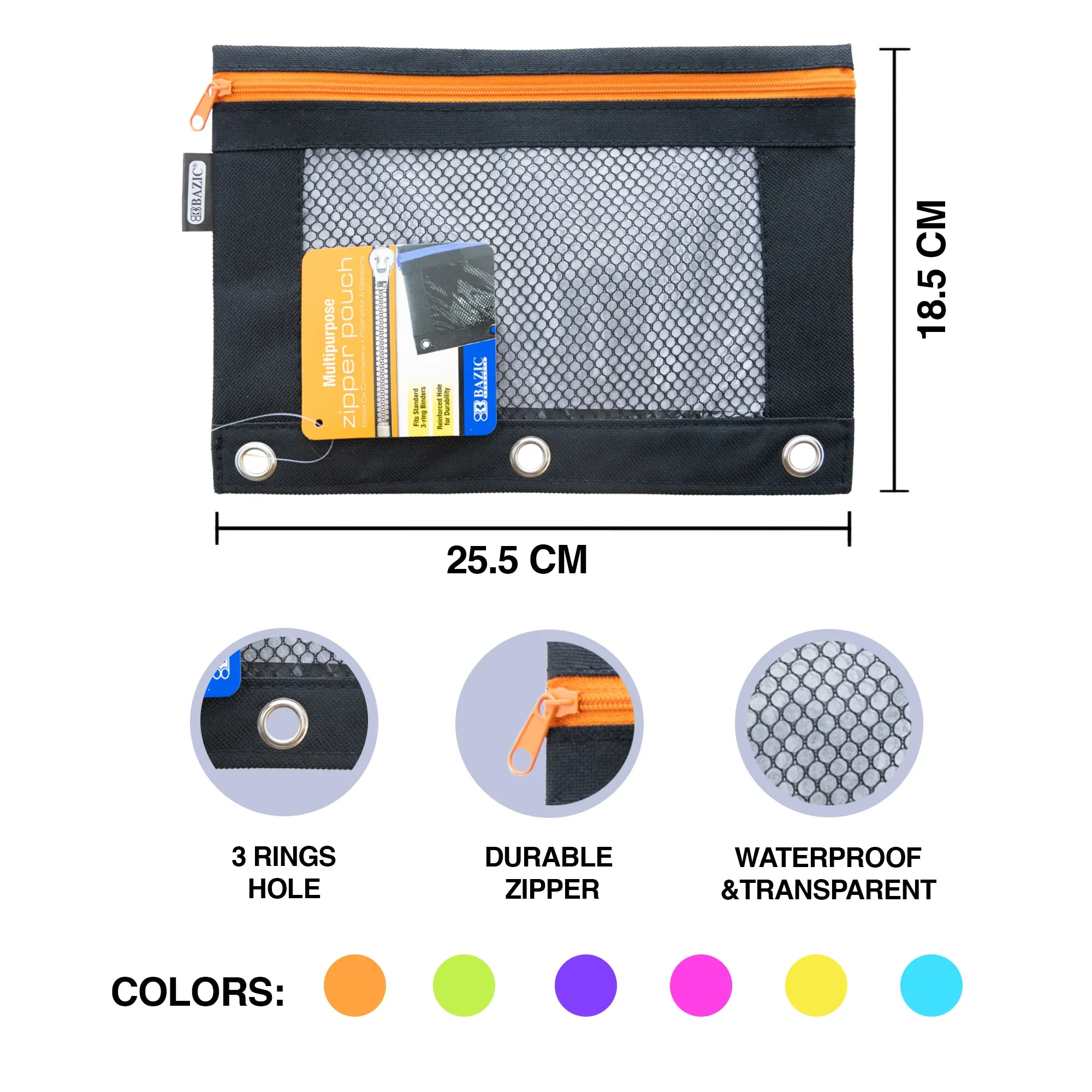 Pencil Pouch Neon Black 3 Ring Binder Pouch w/ Mesh Window