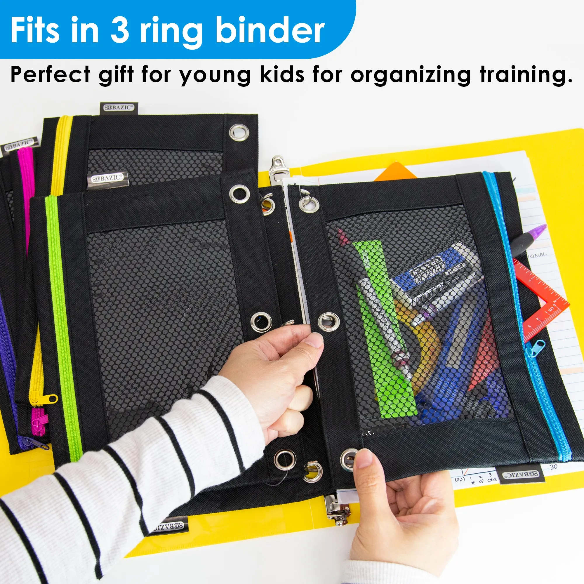 Pencil Pouch Neon Black 3 Ring Binder Pouch w/ Mesh Window