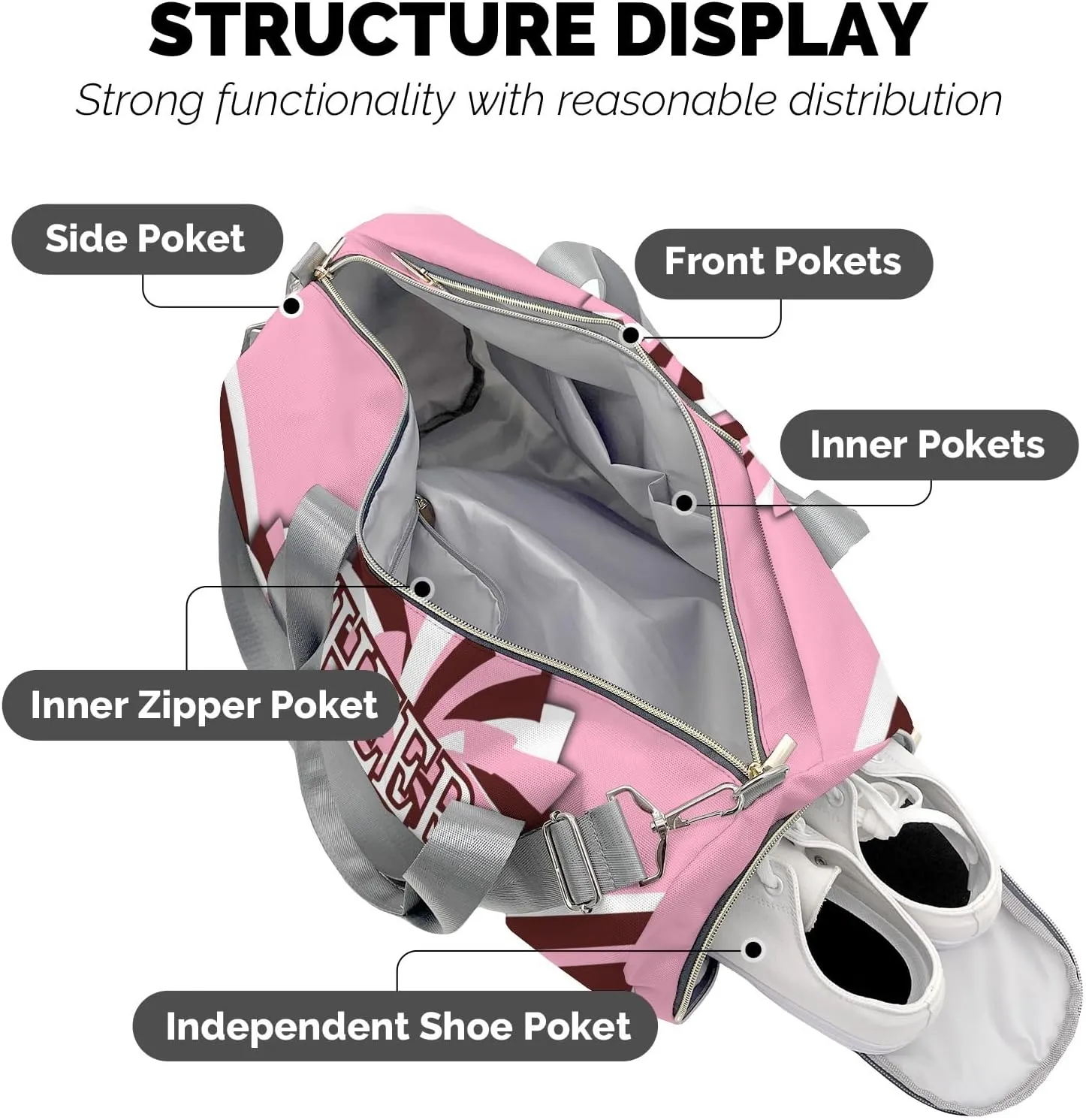 Personalized Cheer Pink Custom Multi-functional Travel Bag, Unisex Portable Duffel Bag, Short Distance Travel Assistant