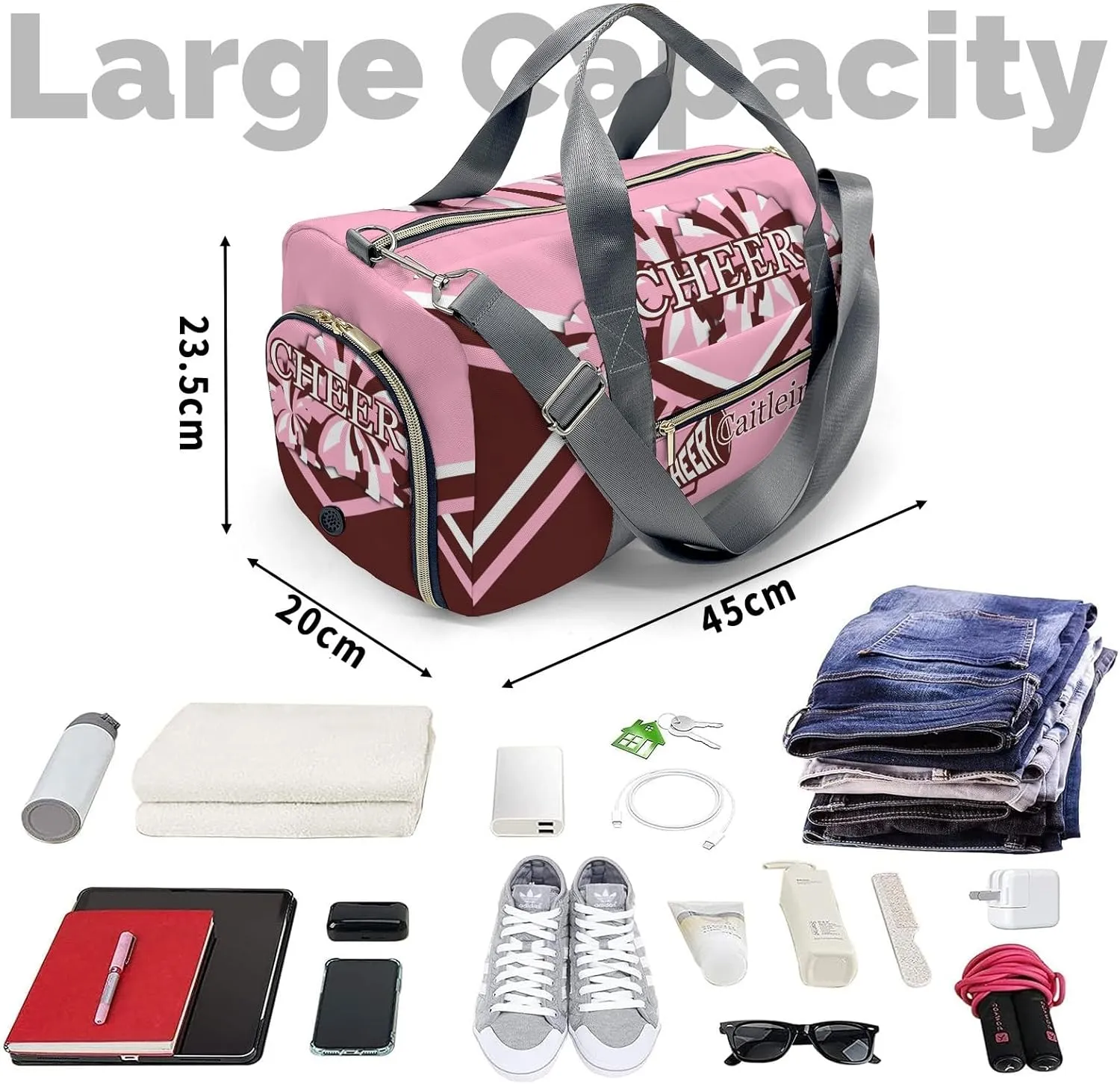 Personalized Cheer Pink Custom Multi-functional Travel Bag, Unisex Portable Duffel Bag, Short Distance Travel Assistant