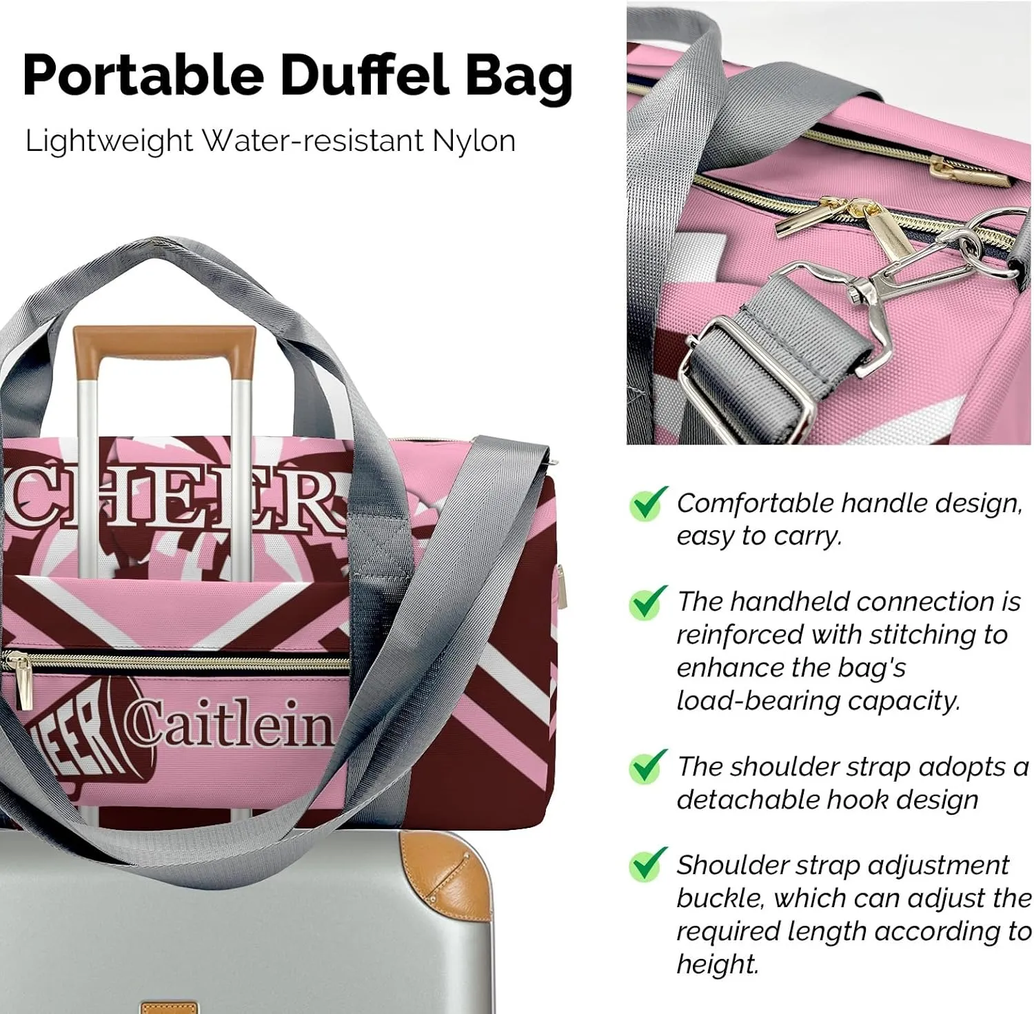 Personalized Cheer Pink Custom Multi-functional Travel Bag, Unisex Portable Duffel Bag, Short Distance Travel Assistant