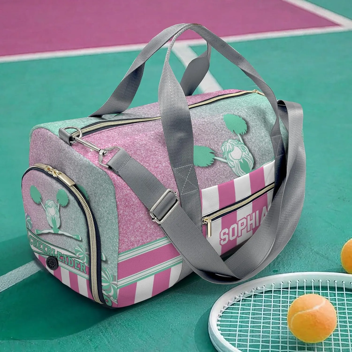 Personalized Cheerleader Girl Green Pink Pom Pom Customized Multi-functional Handbag Travel Bag, Unisex Portable Travel Bag, Sports and Fitness Duffel Bag, Short Trip Storage Bag