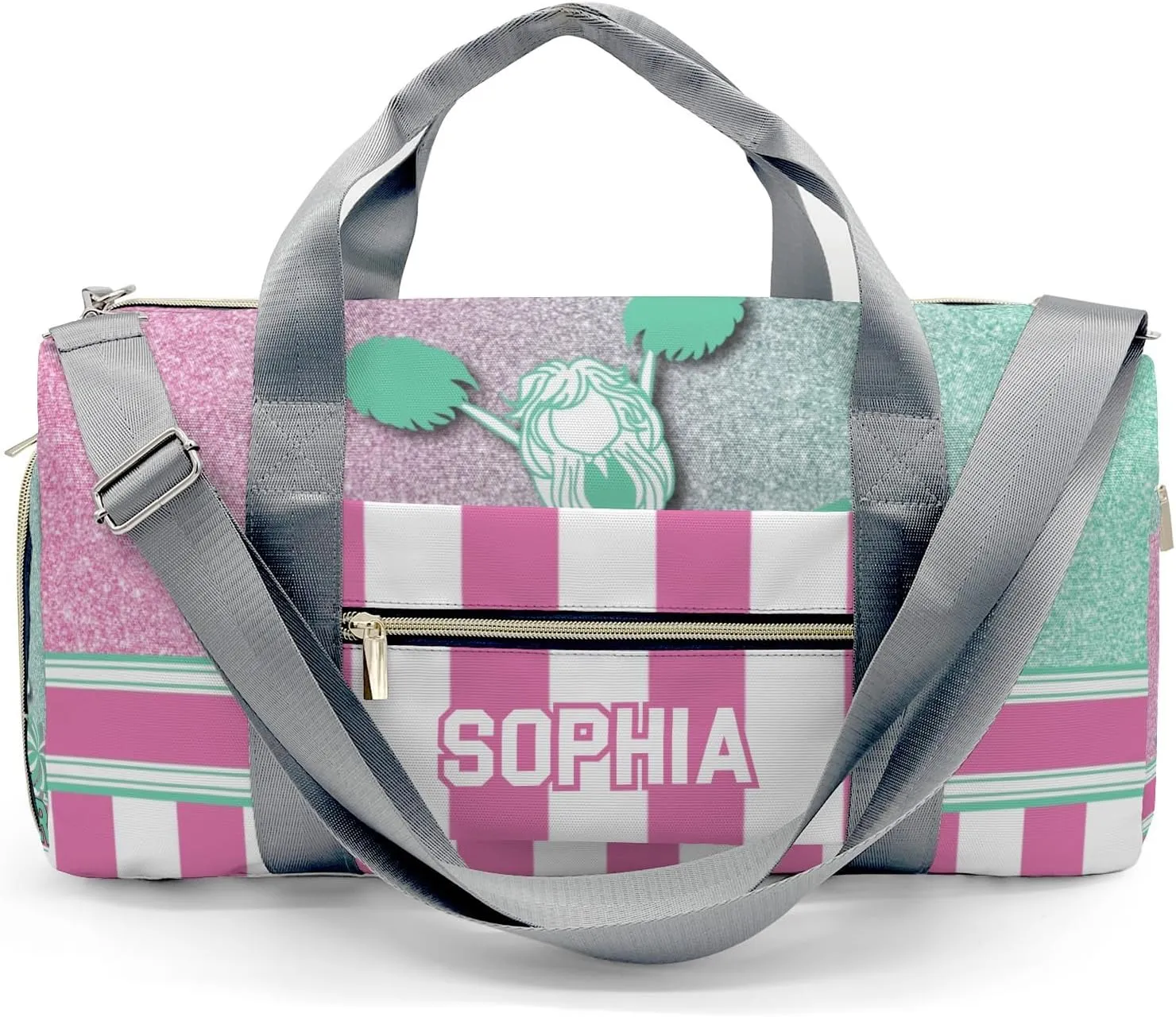 Personalized Cheerleader Girl Green Pink Pom Pom Customized Multi-functional Handbag Travel Bag, Unisex Portable Travel Bag, Sports and Fitness Duffel Bag, Short Trip Storage Bag