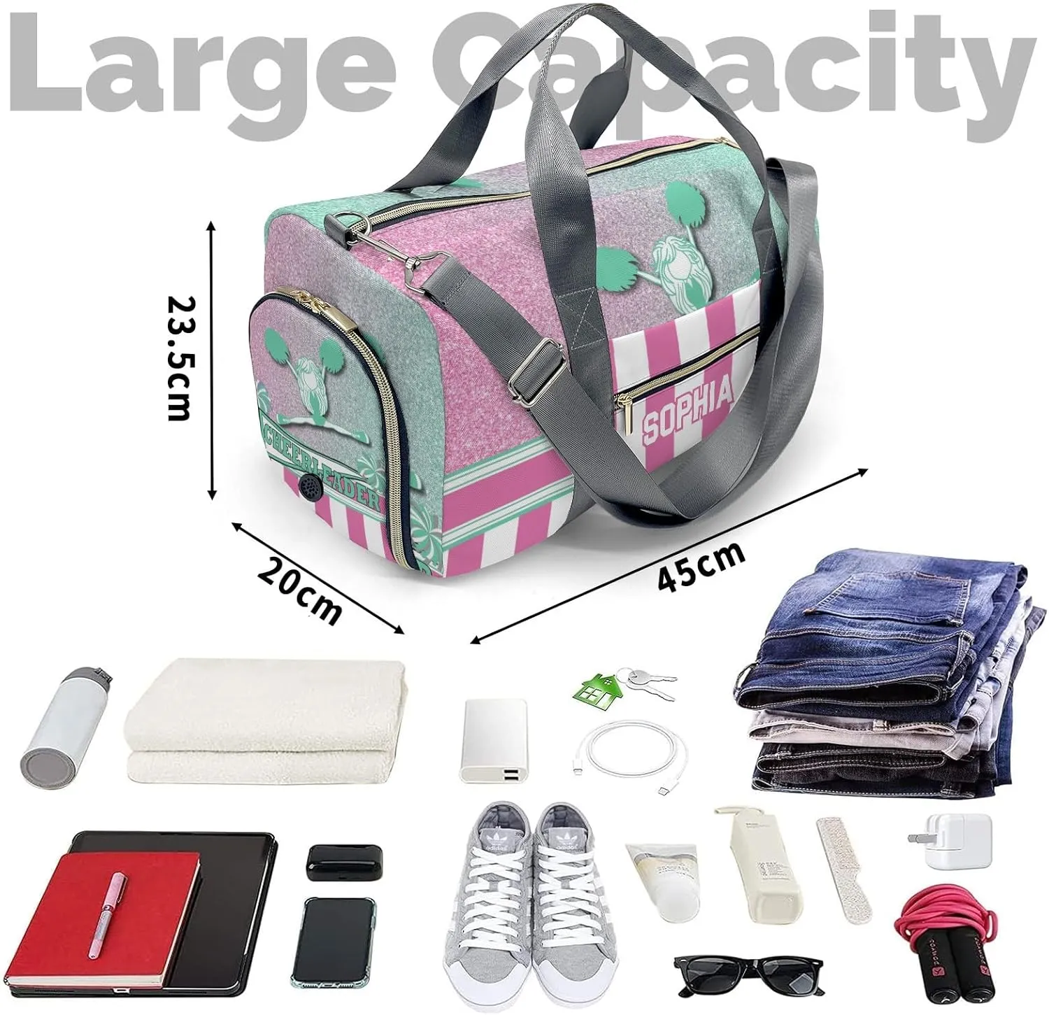 Personalized Cheerleader Girl Green Pink Pom Pom Customized Multi-functional Handbag Travel Bag, Unisex Portable Travel Bag, Sports and Fitness Duffel Bag, Short Trip Storage Bag