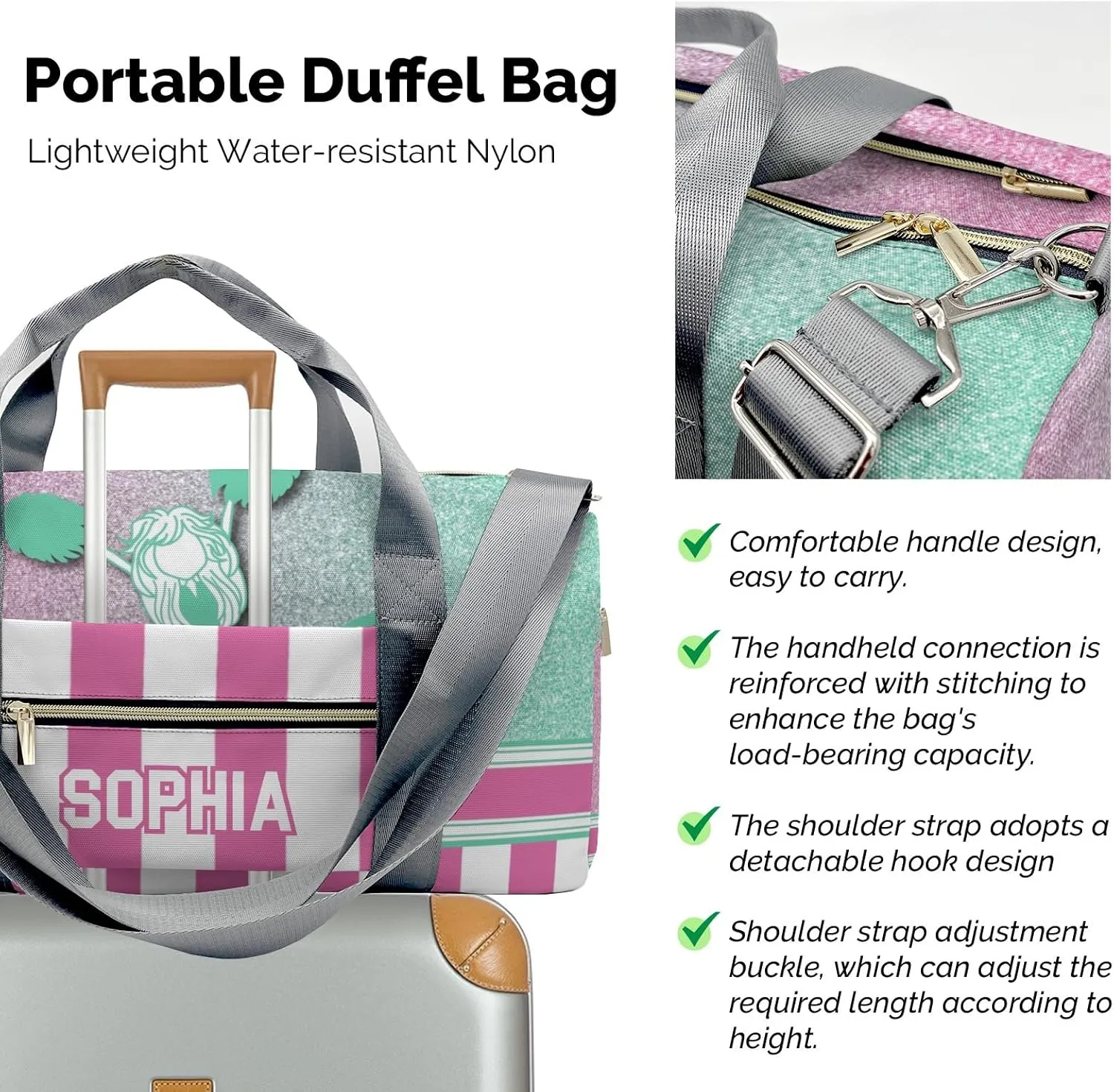 Personalized Cheerleader Girl Green Pink Pom Pom Customized Multi-functional Handbag Travel Bag, Unisex Portable Travel Bag, Sports and Fitness Duffel Bag, Short Trip Storage Bag