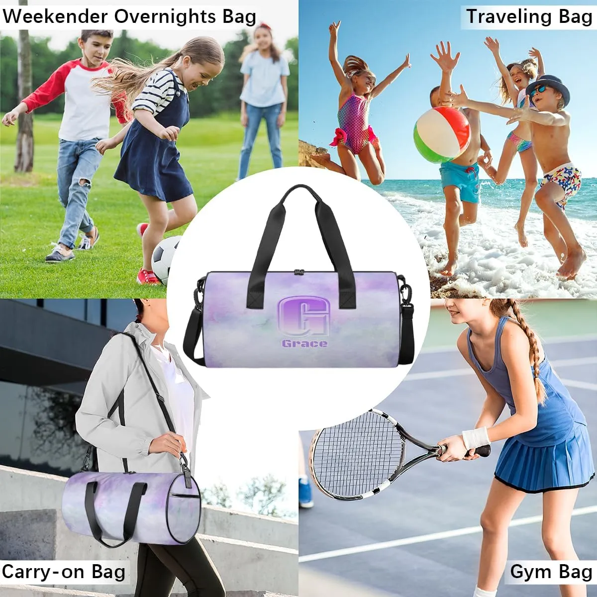 Personalized Duffel Bag for Dance Travel Gymnastics Sports, Dance Bag for Kids Boys Girls Men Women Gym Weekend Beach Sleepover Purple Watercolor