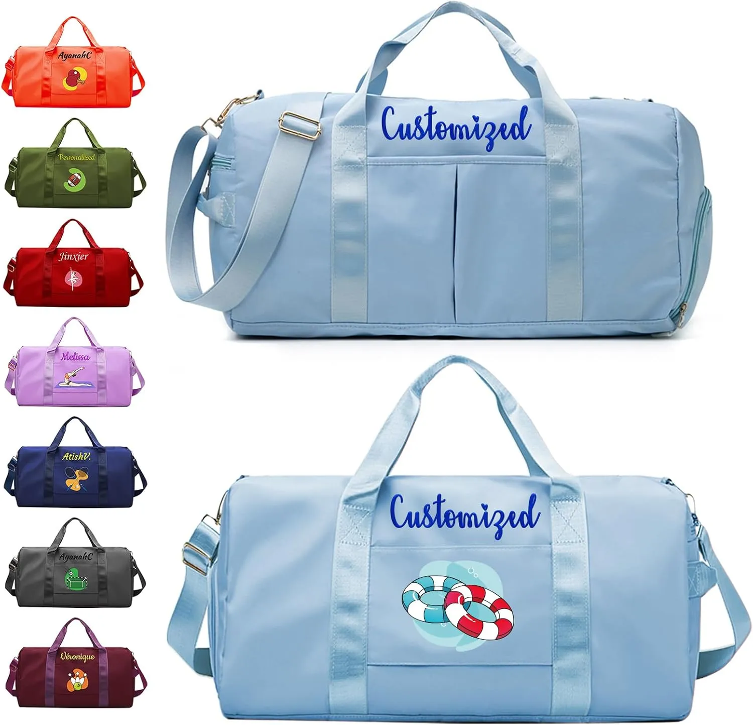 Personalized Duffle Bag with Embroidery Name/Color Print logo, Gym Bag Weekend Getaway for Women Men, Duffel Bag for Sports, Waterproof Dufflebag with Shoe and Wet Clothes Compartments-Light Blue