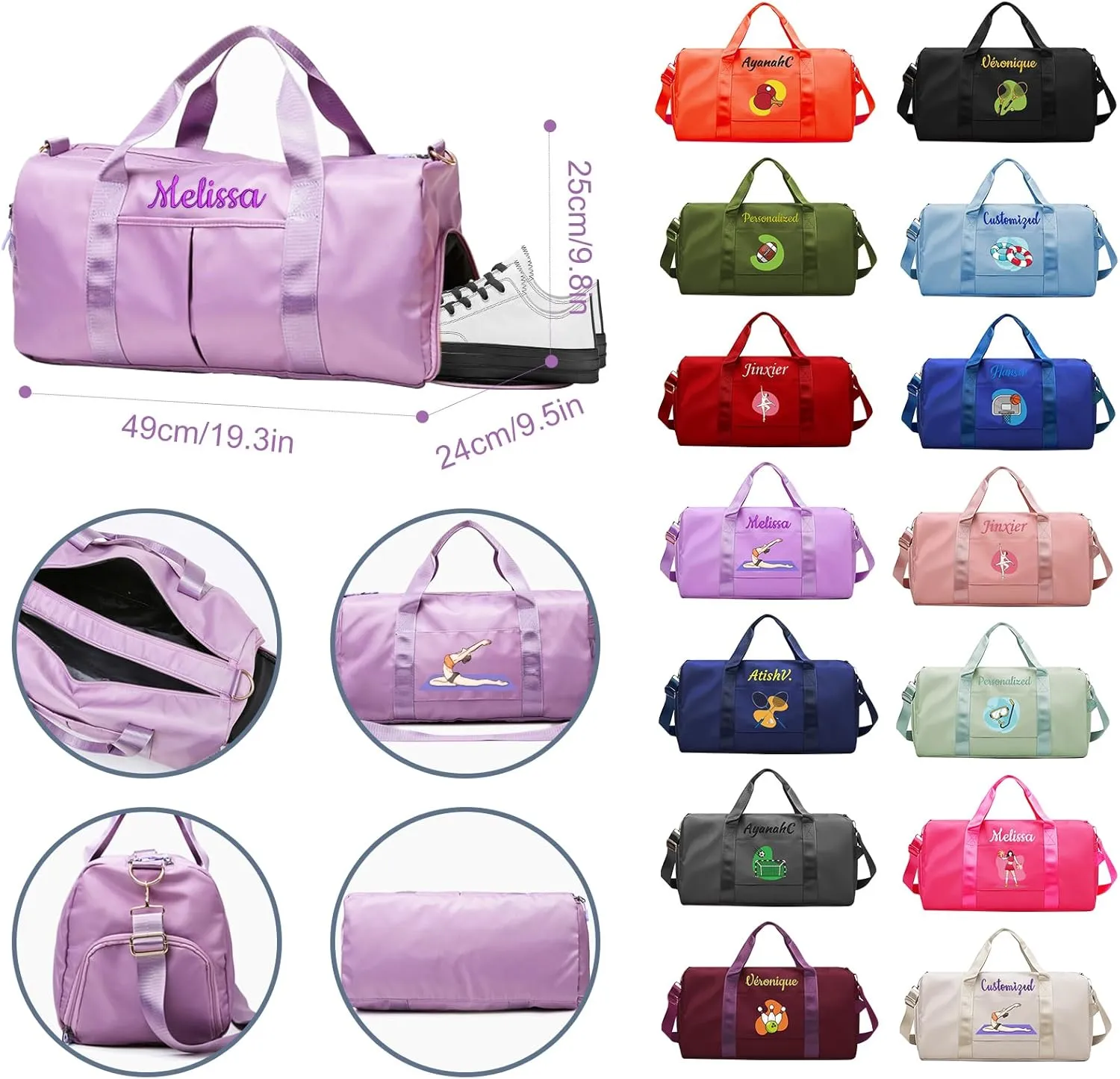Personalized Duffle Bag with Embroidery Name/Color Print logo, Gym Bag Weekend Getaway for Women Men, Duffel Bag for Sports, Waterproof Dufflebag with Shoe and Wet Clothes Compartments-Light Blue