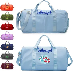 Personalized Duffle Bag with Embroidery Name/Color Print logo, Gym Bag Weekend Getaway for Women Men, Duffel Bag for Sports, Waterproof Dufflebag with Shoe and Wet Clothes Compartments-Light Blue