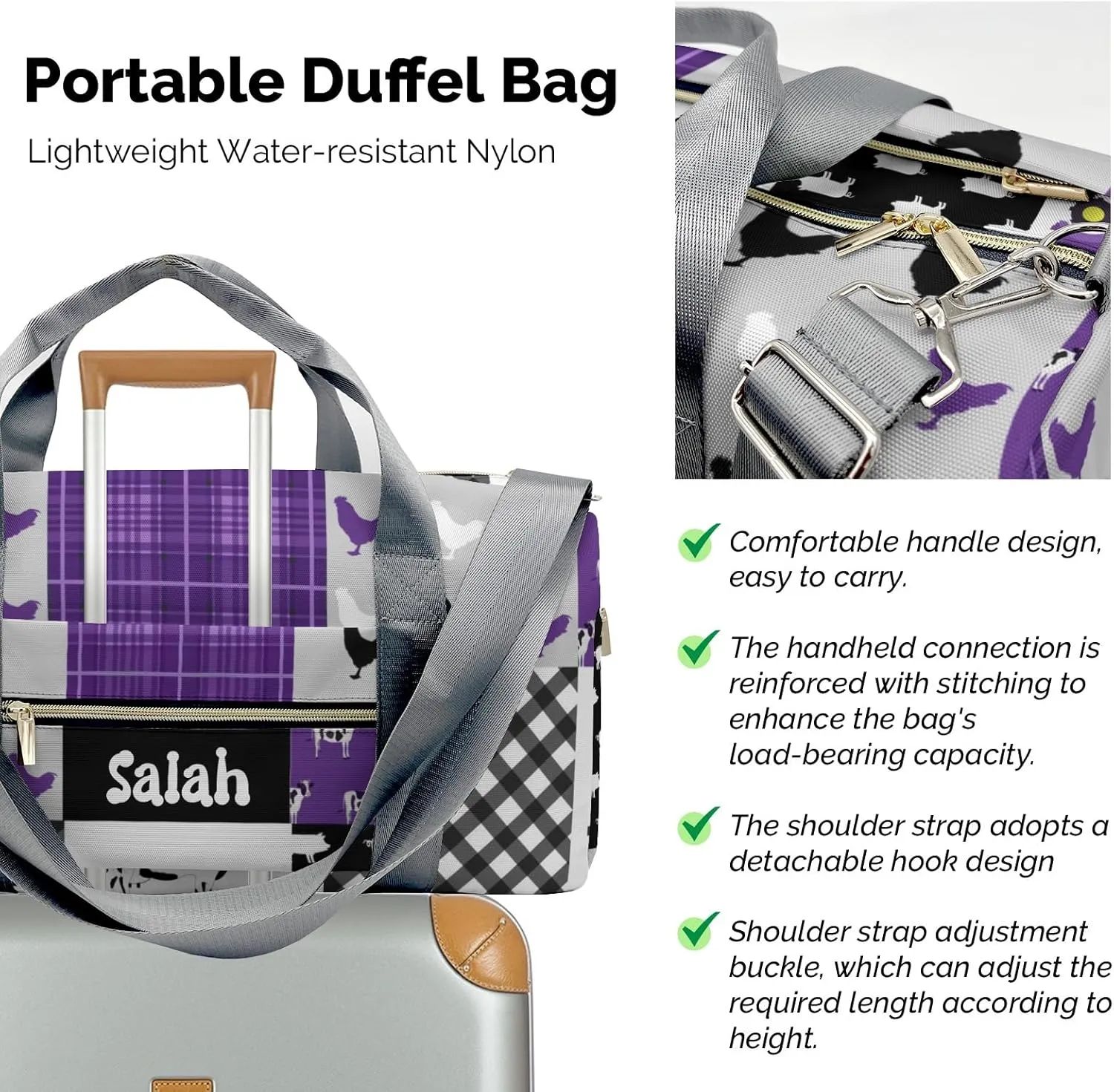 Personalized Farm Cow Rooster Car Purple Custom Multi-functional Travel Bag, Unisex Portable Duffel Bag, Short Distance Travel Assistant