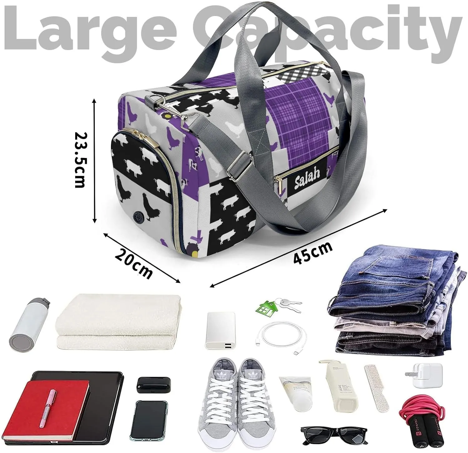 Personalized Farm Cow Rooster Car Purple Custom Multi-functional Travel Bag, Unisex Portable Duffel Bag, Short Distance Travel Assistant
