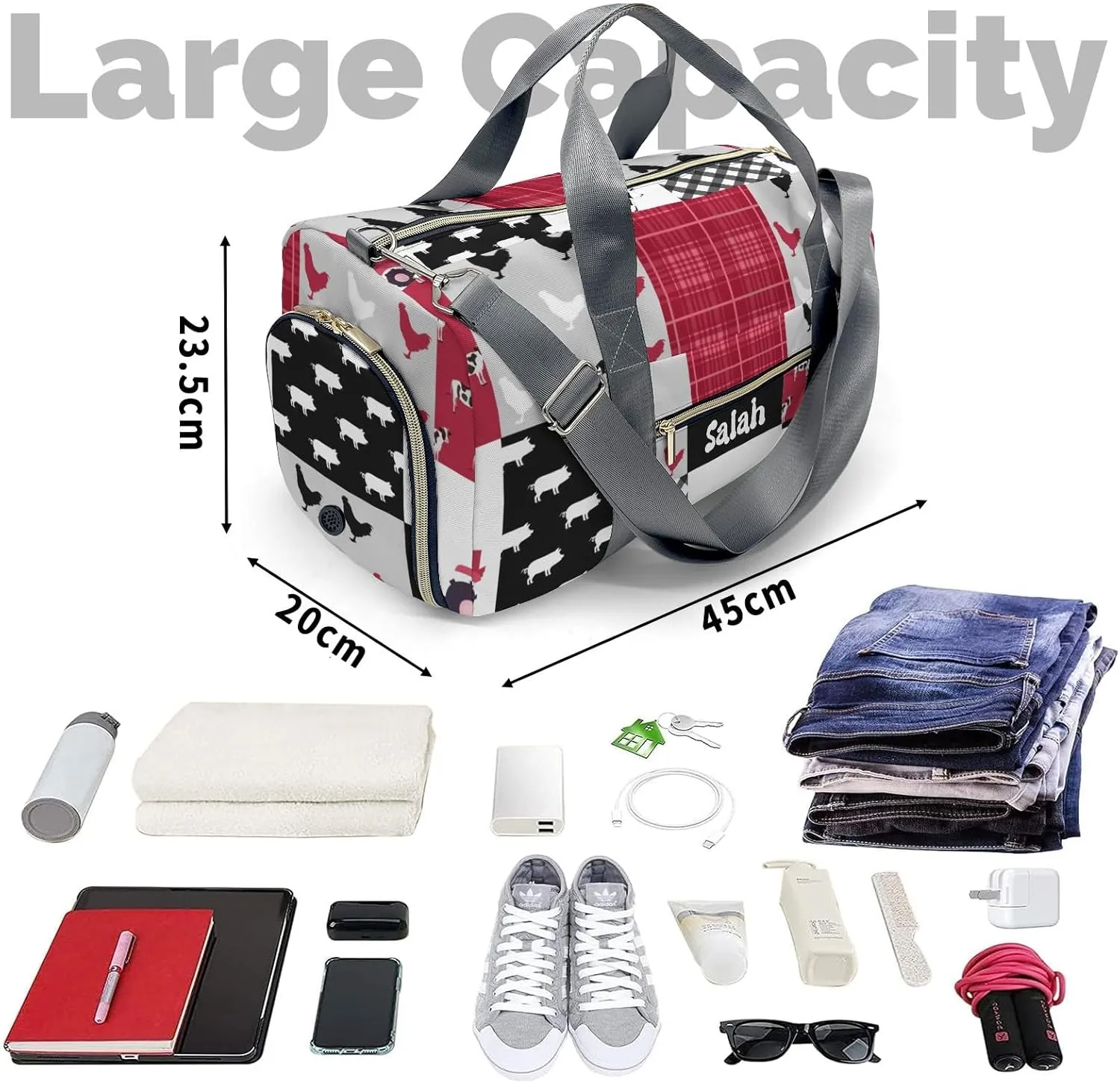 Personalized Farm Cow Rooster Car Red Custom Multi-functional Travel Bag, Unisex Portable Duffel Bag, Short Distance Travel Assistant