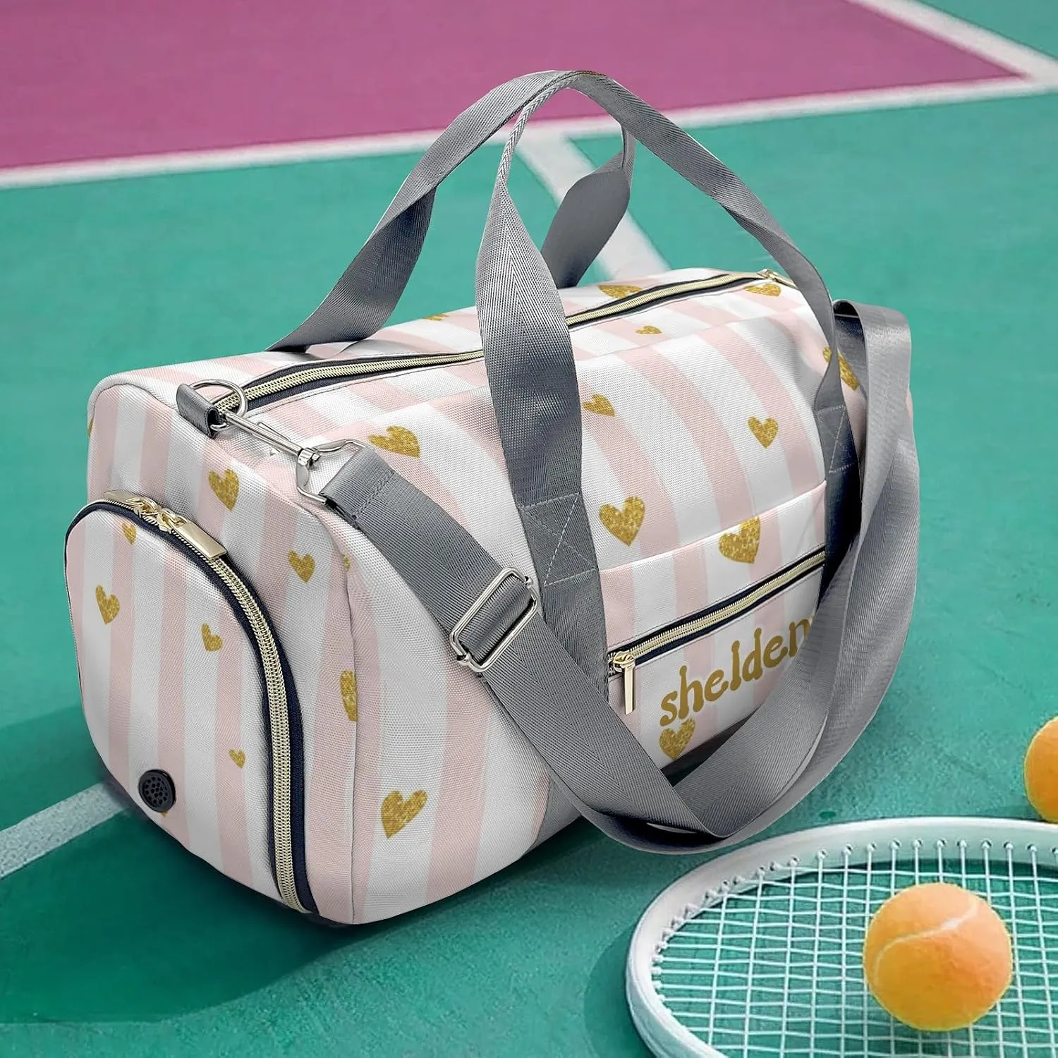 Personalized Gold Glittering Heart Confetti Custom Multi-functional Travel Bag, Unisex Portable Duffel Bag, Short Distance Travel Assistant