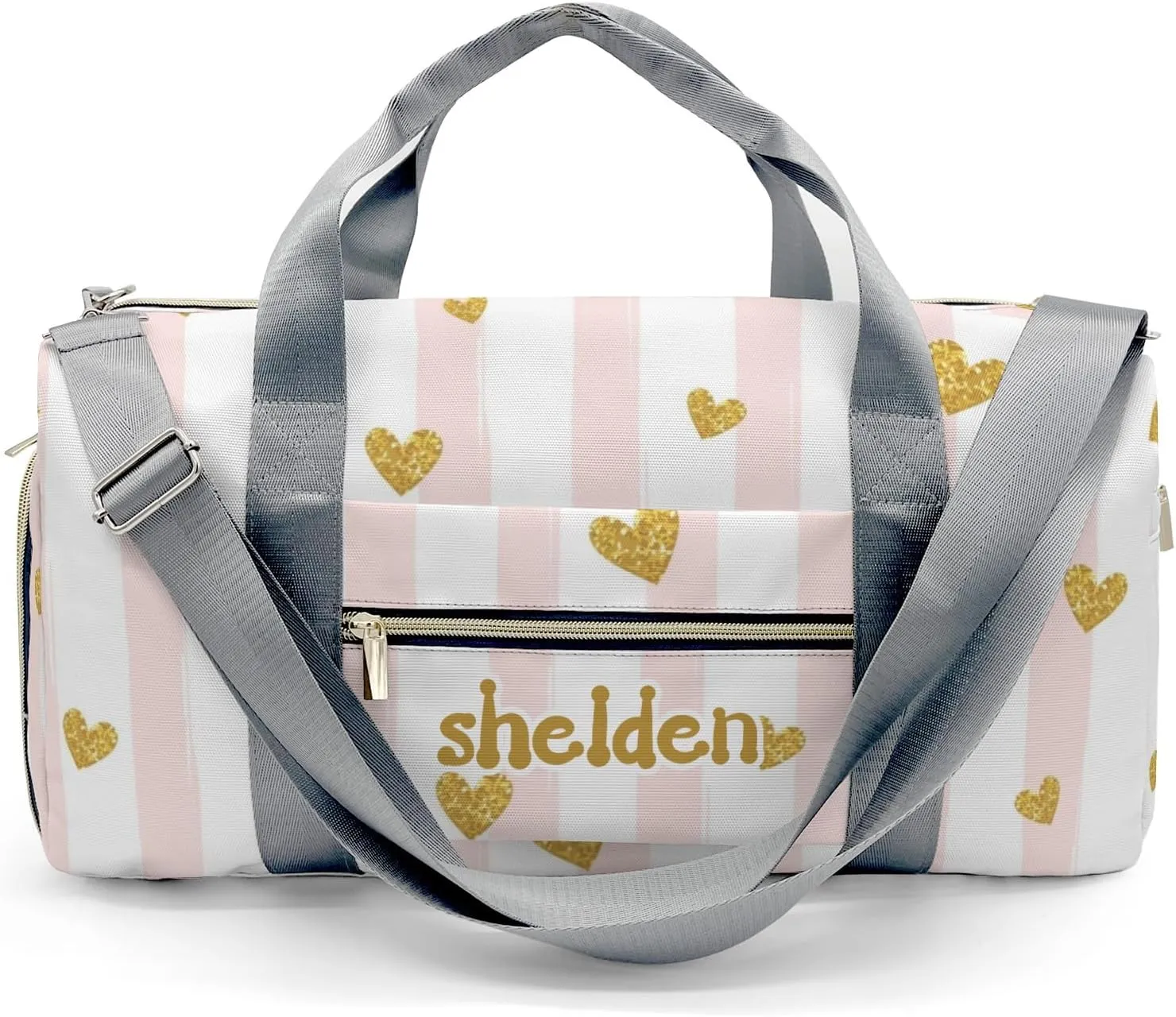 Personalized Gold Glittering Heart Confetti Custom Multi-functional Travel Bag, Unisex Portable Duffel Bag, Short Distance Travel Assistant