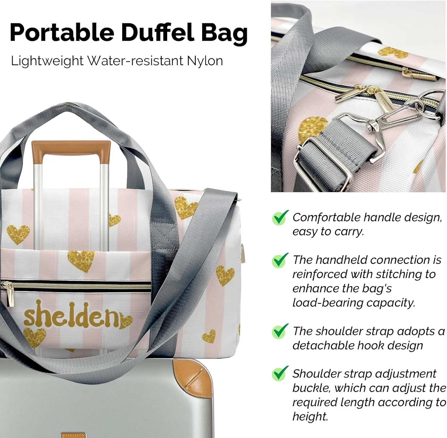 Personalized Gold Glittering Heart Confetti Custom Multi-functional Travel Bag, Unisex Portable Duffel Bag, Short Distance Travel Assistant