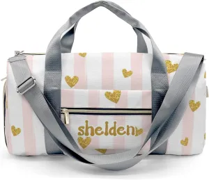 Personalized Gold Glittering Heart Confetti Custom Multi-functional Travel Bag, Unisex Portable Duffel Bag, Short Distance Travel Assistant