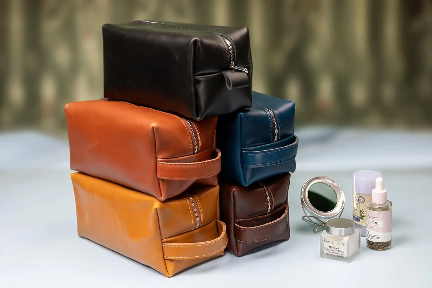 Personalized Leather Toiletry Bag for Men | Dopp Kit Gift with Monogram Option | Custom Engraved Leather Travel Accessory for Groomsmen Father Dad (Dark Brown, Large (8" * 4" * 4"))
