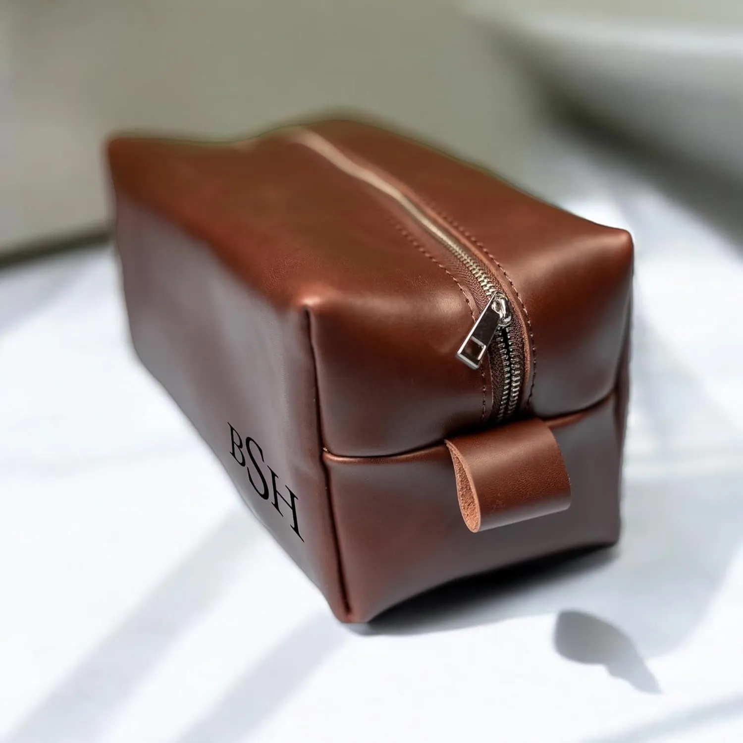 Personalized Leather Toiletry Bag for Men | Dopp Kit Gift with Monogram Option | Custom Engraved Leather Travel Accessory for Groomsmen Father Dad (Dark Brown, Large (8" * 4" * 4"))
