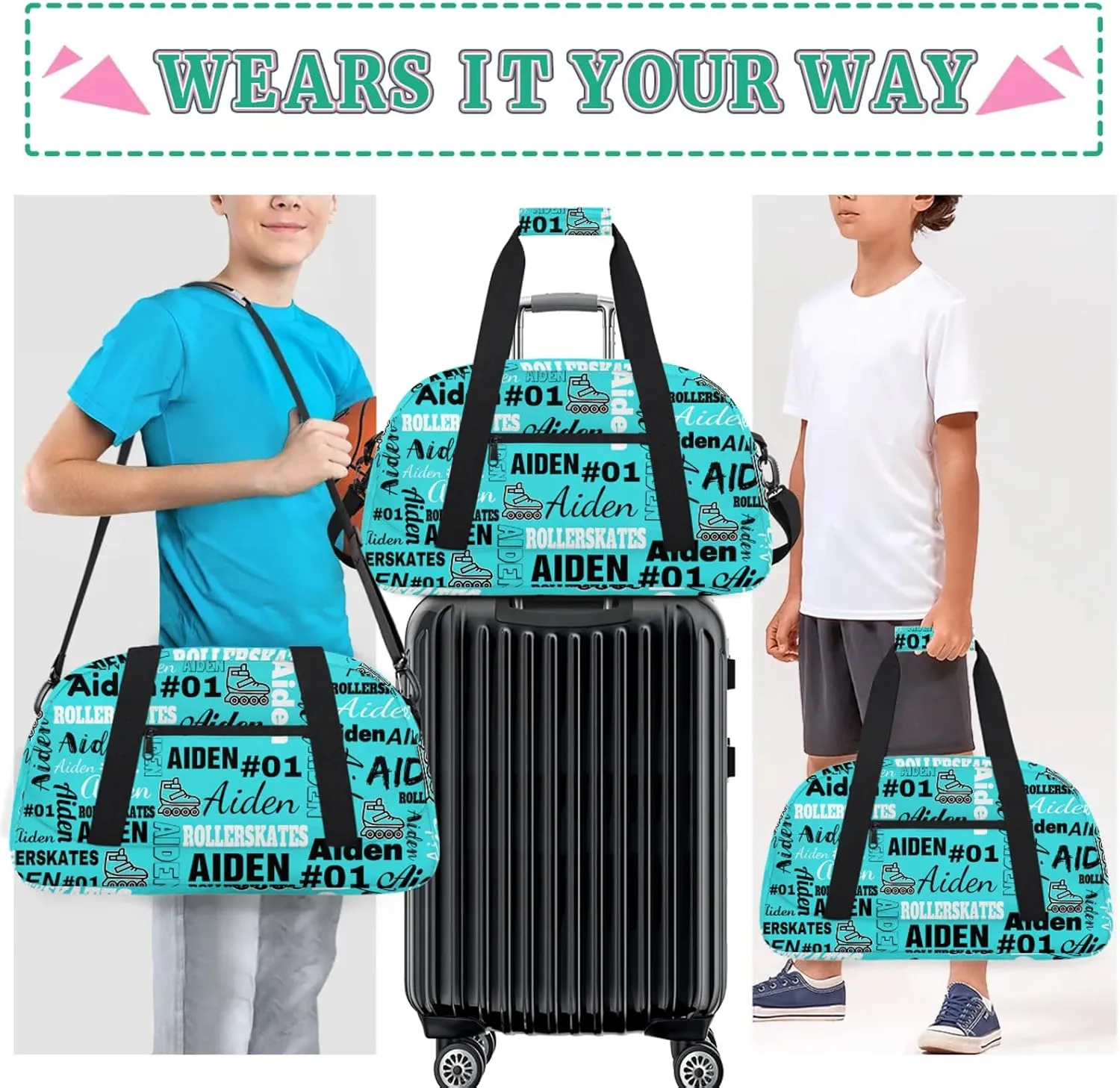 Personalized Name Roller Skates Duffle Bags Custom Number Sports Gym Bag Weekender Overnight Training Bag, Peacock Green