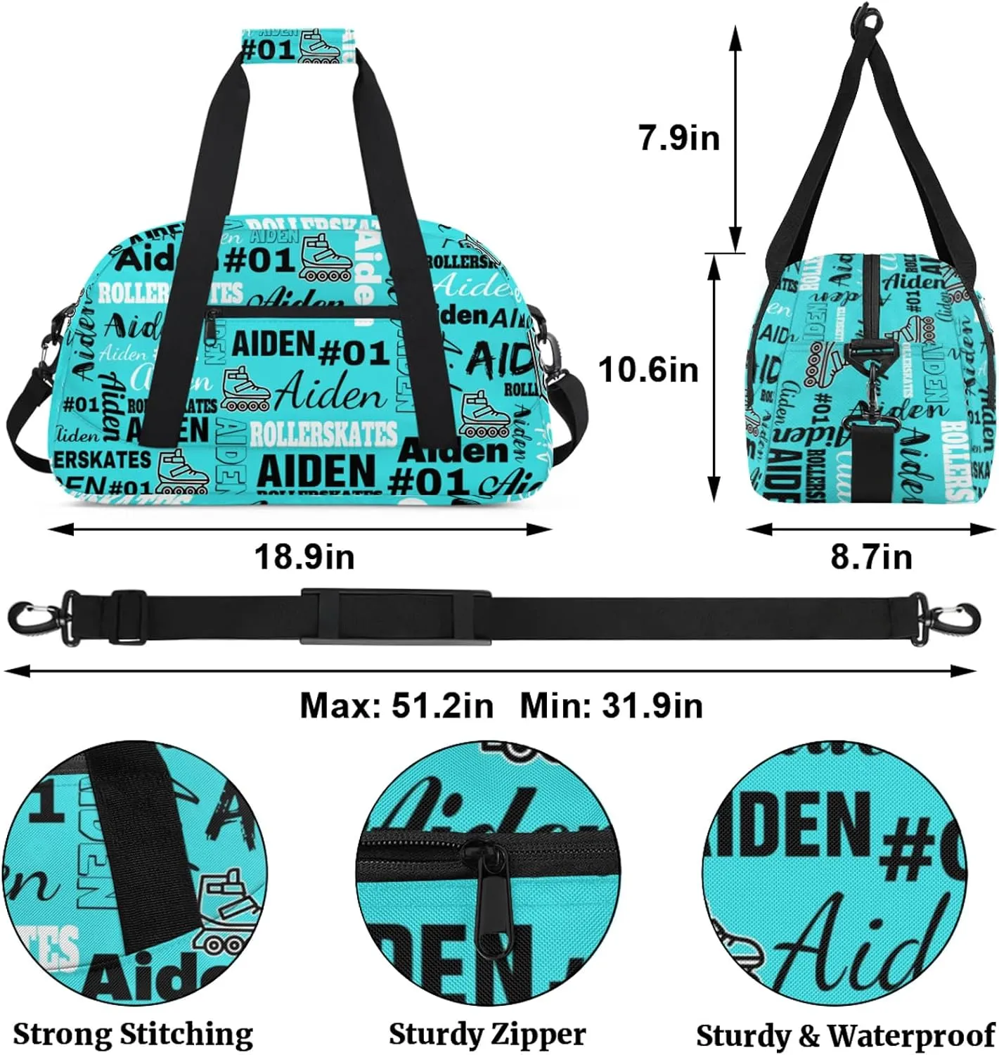 Personalized Name Roller Skates Duffle Bags Custom Number Sports Gym Bag Weekender Overnight Training Bag, Peacock Green