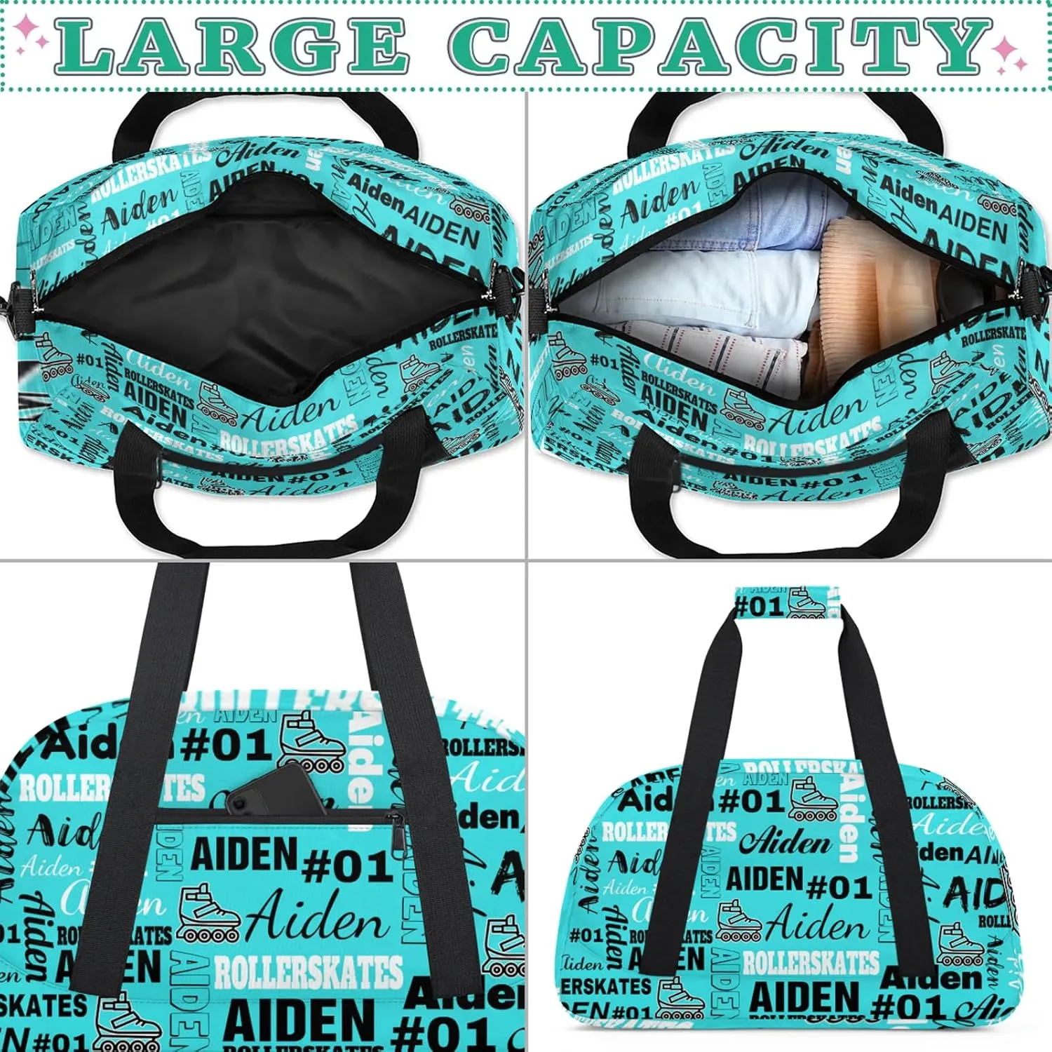 Personalized Name Roller Skates Duffle Bags Custom Number Sports Gym Bag Weekender Overnight Training Bag, Peacock Green
