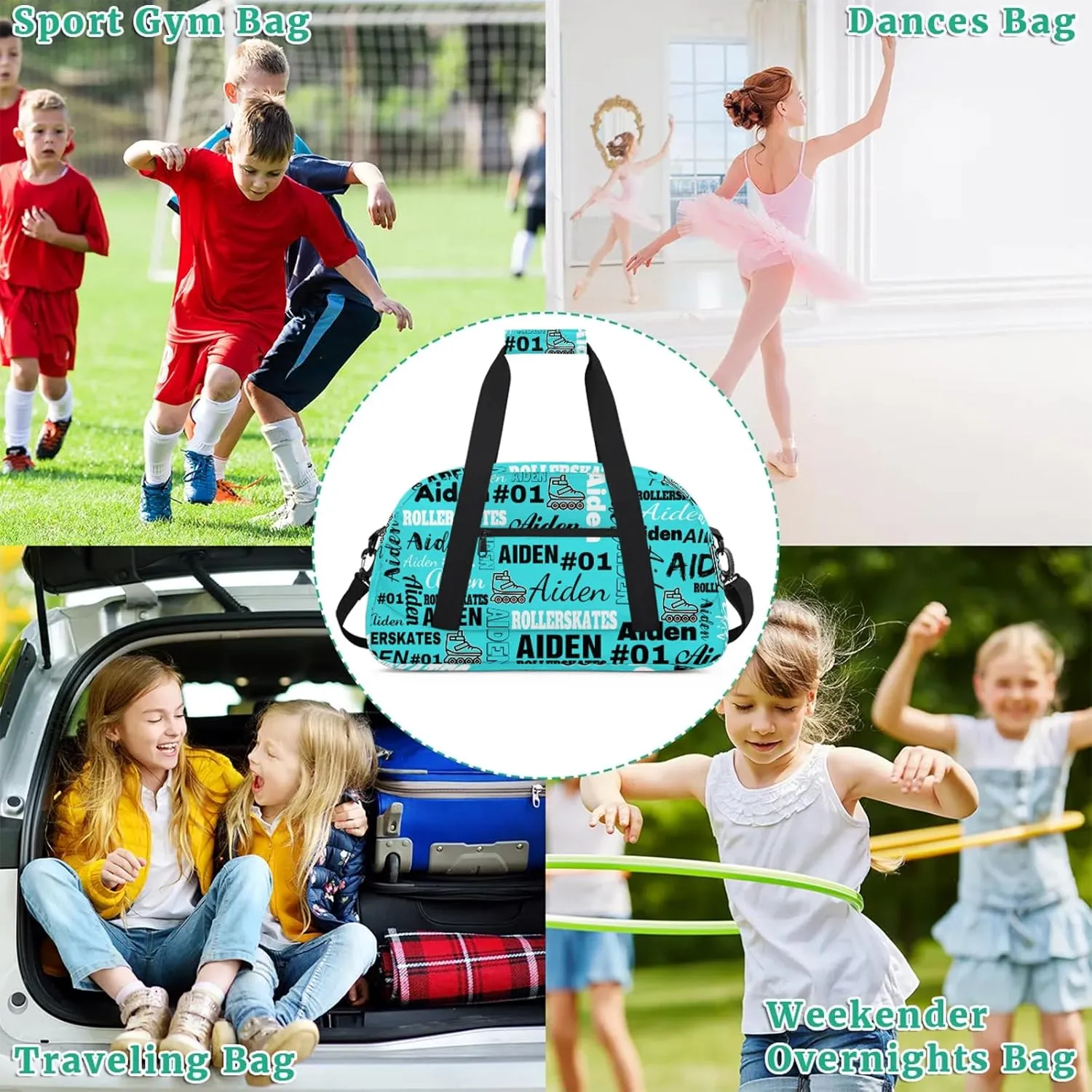 Personalized Name Roller Skates Duffle Bags Custom Number Sports Gym Bag Weekender Overnight Training Bag, Peacock Green