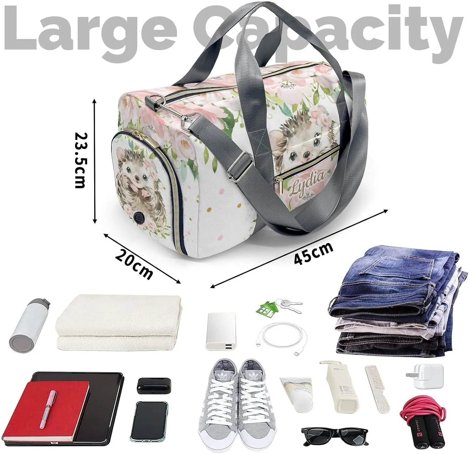 Personalized Pink Floral Hedgehog Girl Custom Multi-functional Travel Bag, Unisex Portable Duffel Bag, Short Distance Travel Assistant
