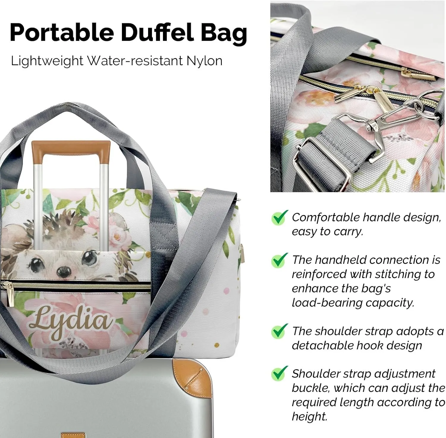 Personalized Pink Floral Hedgehog Girl Custom Multi-functional Travel Bag, Unisex Portable Duffel Bag, Short Distance Travel Assistant
