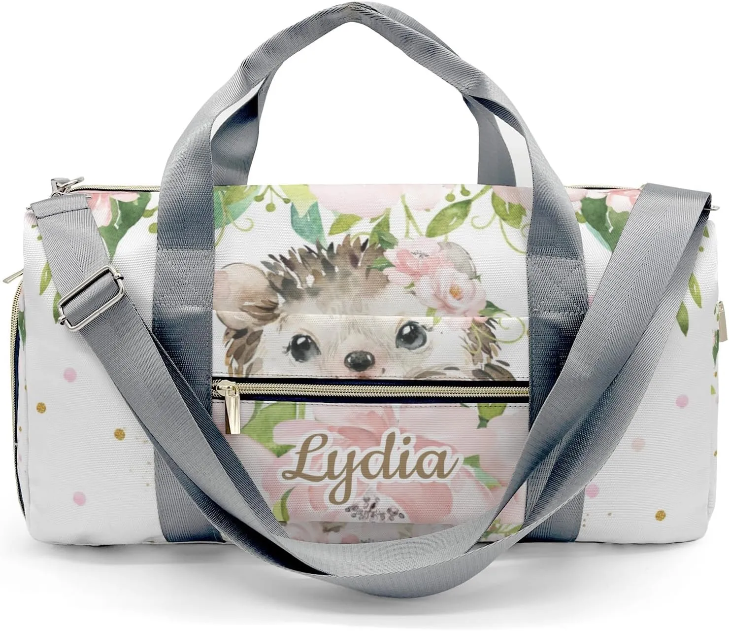 Personalized Pink Floral Hedgehog Girl Custom Multi-functional Travel Bag, Unisex Portable Duffel Bag, Short Distance Travel Assistant