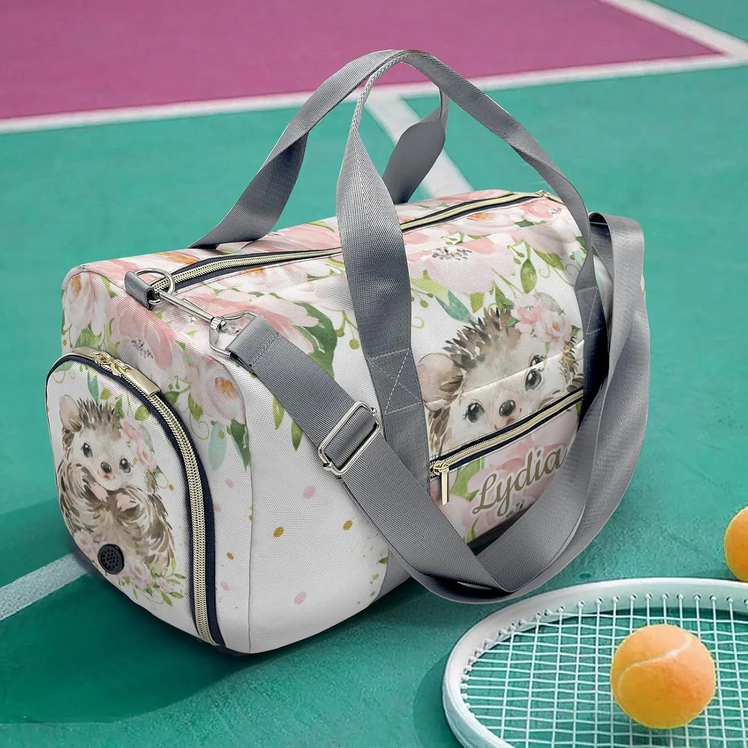 Personalized Pink Floral Hedgehog Girl Custom Multi-functional Travel Bag, Unisex Portable Duffel Bag, Short Distance Travel Assistant