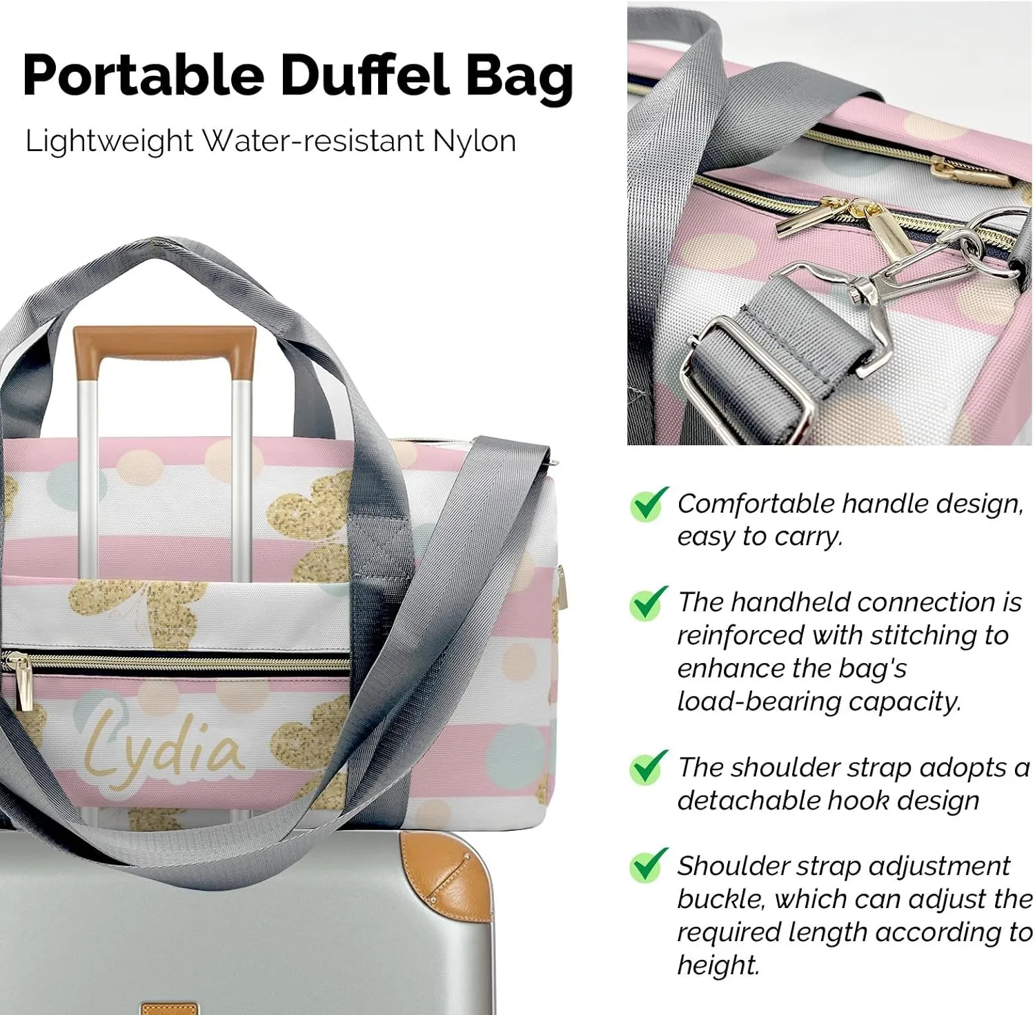 Personalized Pink Glod Glitter Butterfly Dots Custom Multi-functional Travel Bag, Unisex Portable Duffel Bag, Short Distance Travel Assistant.