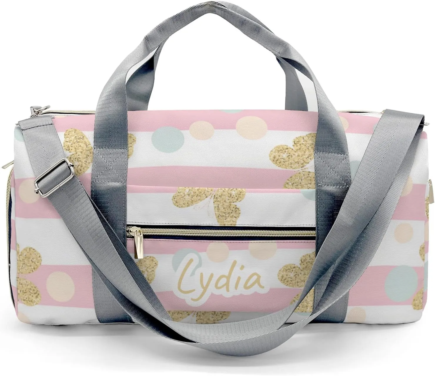 Personalized Pink Glod Glitter Butterfly Dots Custom Multi-functional Travel Bag, Unisex Portable Duffel Bag, Short Distance Travel Assistant.