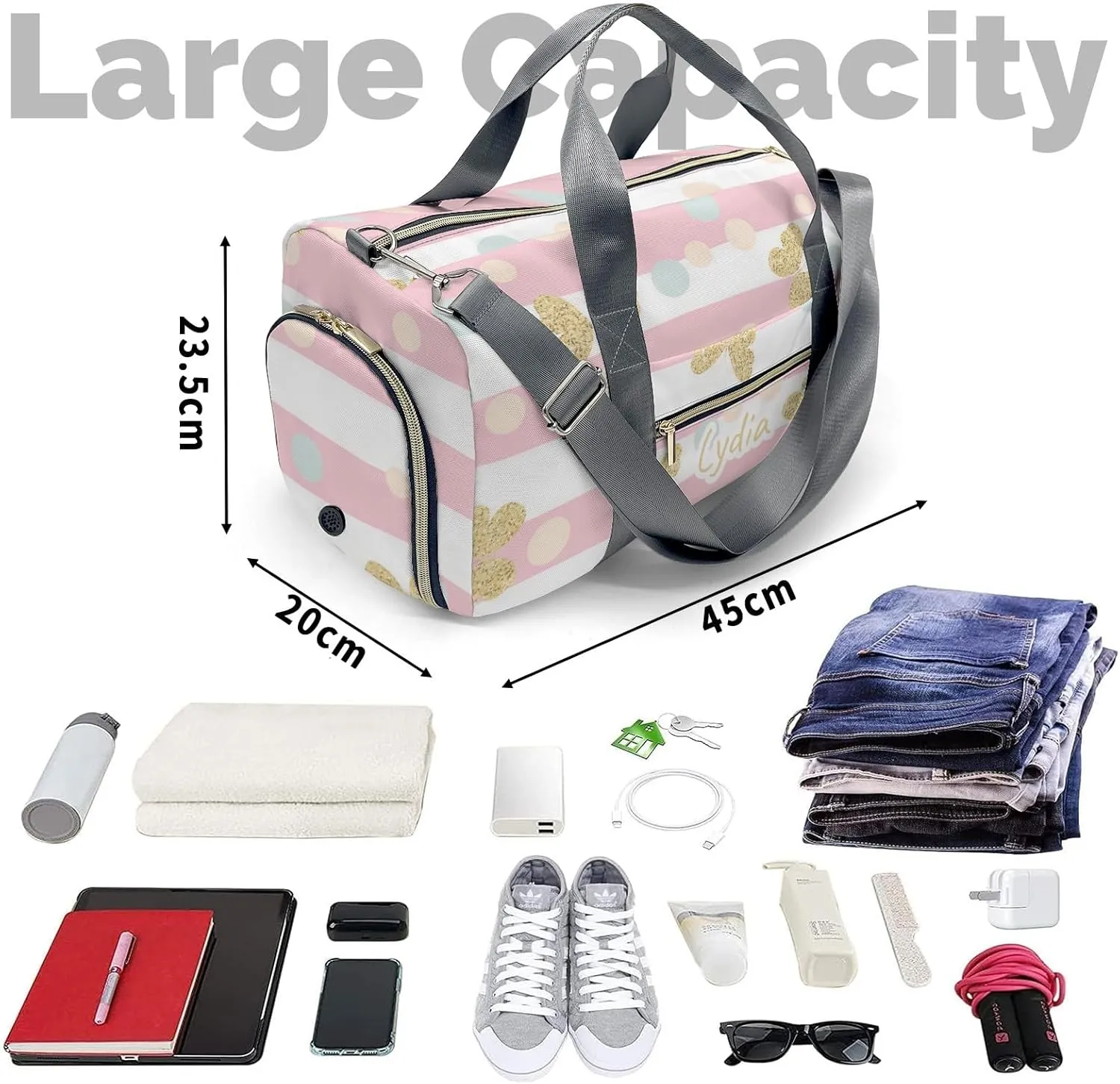 Personalized Pink Glod Glitter Butterfly Dots Custom Multi-functional Travel Bag, Unisex Portable Duffel Bag, Short Distance Travel Assistant.