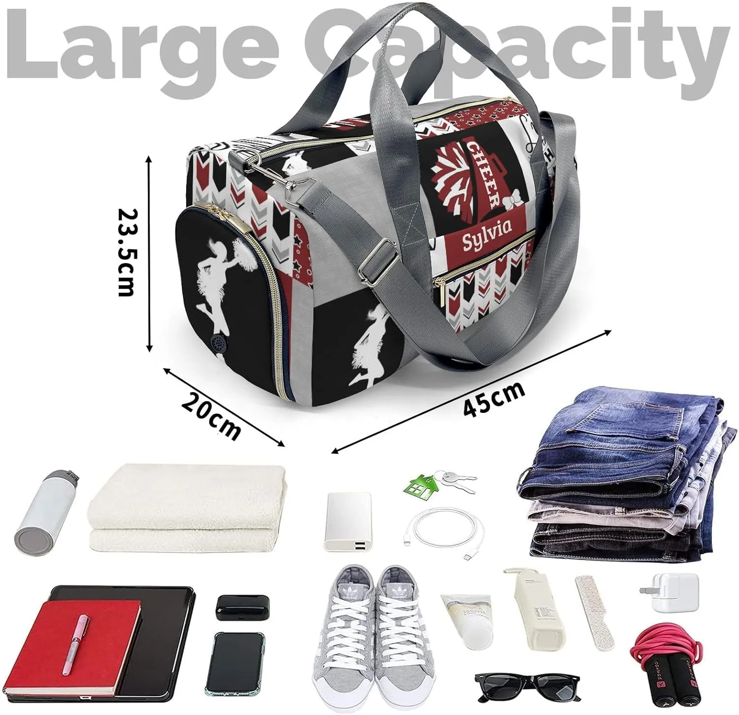 Personalized Sport Cheerleader Girl Red Custom Multi-functional Travel Bag, Unisex Portable Duffel Bag, Short Distance Travel Assistant