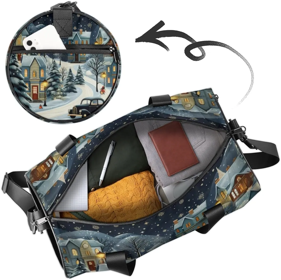 Personalized Sport Gym Bag Dance Duffle Ballet Bag Overnight Travel Sleepover Bags Swimming Hiking Camping, Winter Village Snow Scene
