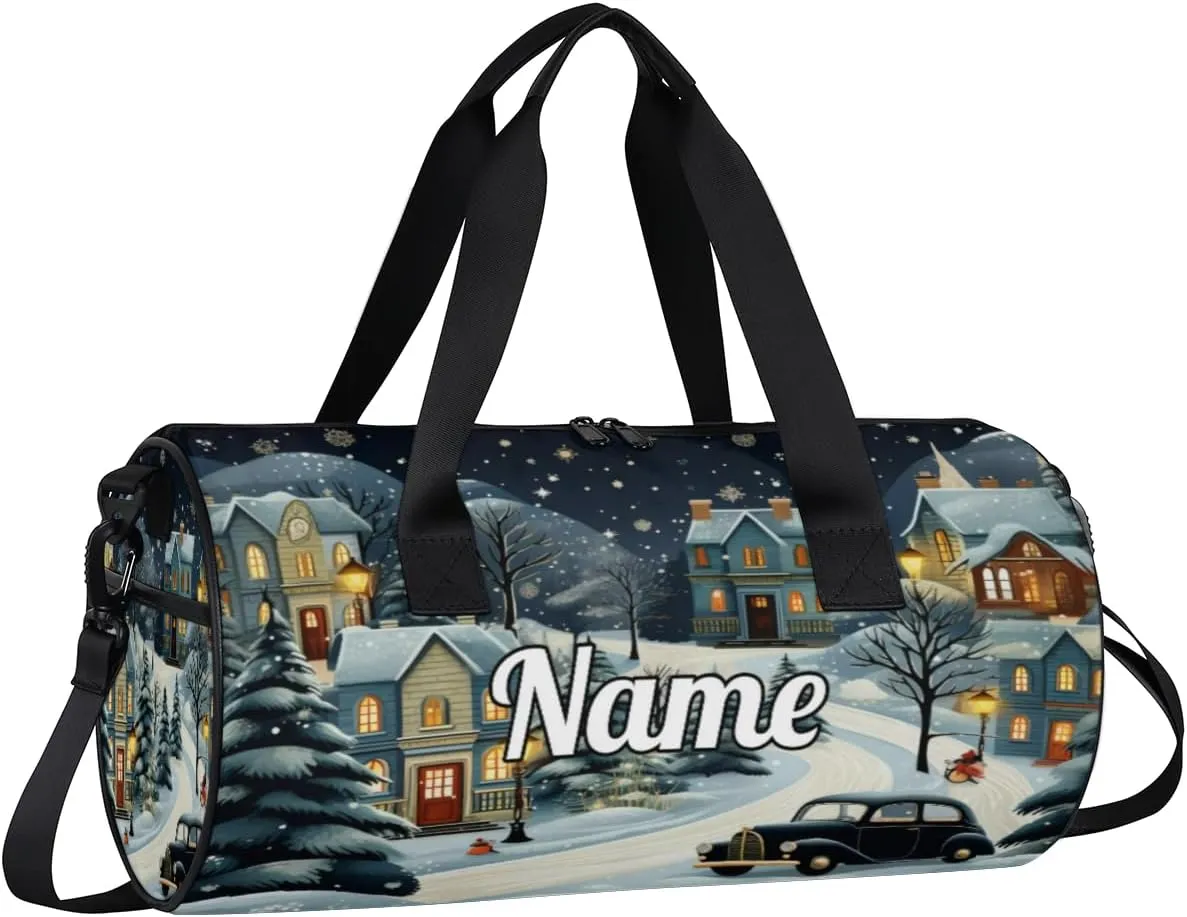Personalized Sport Gym Bag Dance Duffle Ballet Bag Overnight Travel Sleepover Bags Swimming Hiking Camping, Winter Village Snow Scene