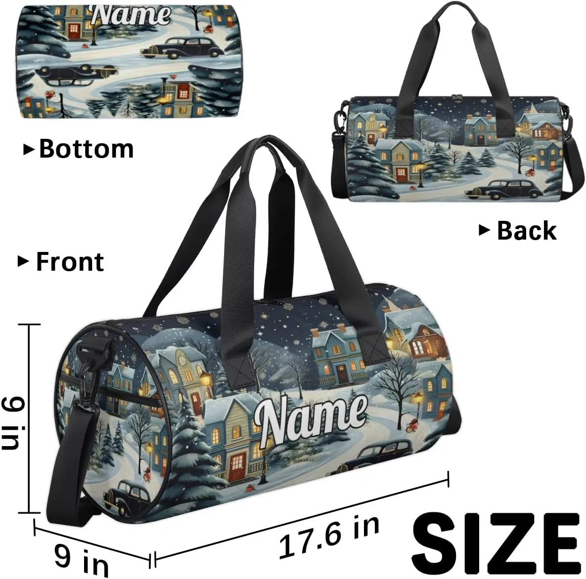 Personalized Sport Gym Bag Dance Duffle Ballet Bag Overnight Travel Sleepover Bags Swimming Hiking Camping, Winter Village Snow Scene