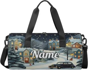 Personalized Sport Gym Bag Dance Duffle Ballet Bag Overnight Travel Sleepover Bags Swimming Hiking Camping, Winter Village Snow Scene