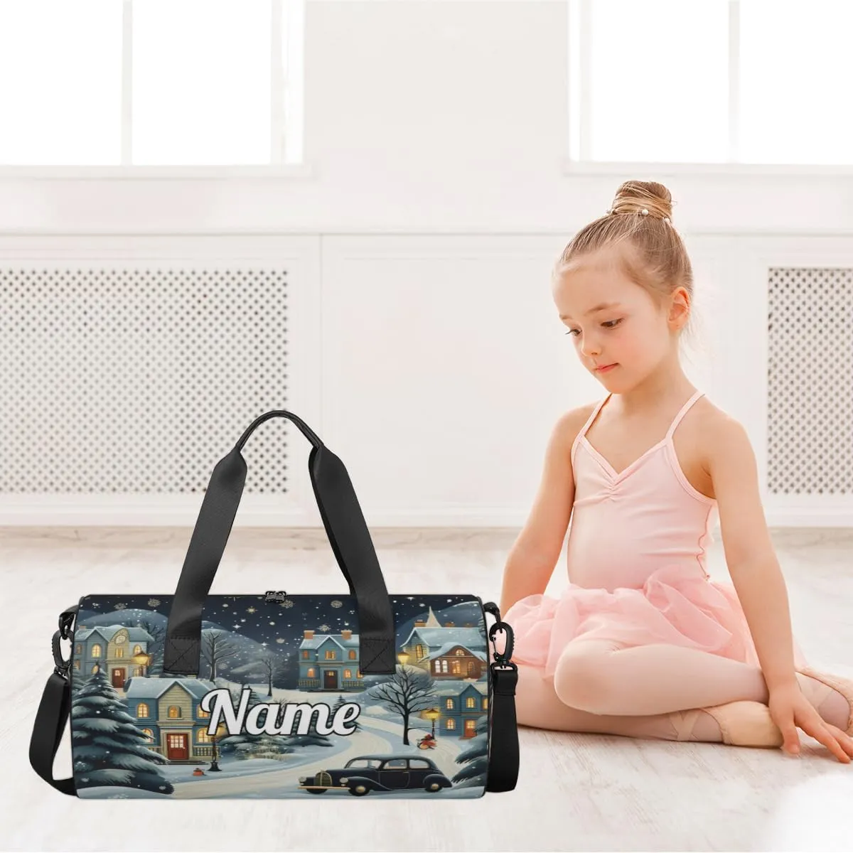 Personalized Sport Gym Bag Dance Duffle Ballet Bag Overnight Travel Sleepover Bags Swimming Hiking Camping, Winter Village Snow Scene