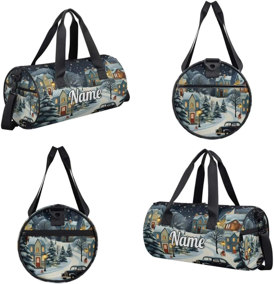 Personalized Sport Gym Bag Dance Duffle Ballet Bag Overnight Travel Sleepover Bags Swimming Hiking Camping, Winter Village Snow Scene