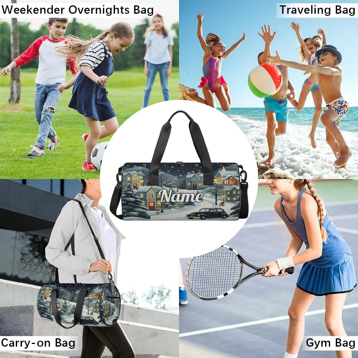 Personalized Sport Gym Bag Dance Duffle Ballet Bag Overnight Travel Sleepover Bags Swimming Hiking Camping, Winter Village Snow Scene