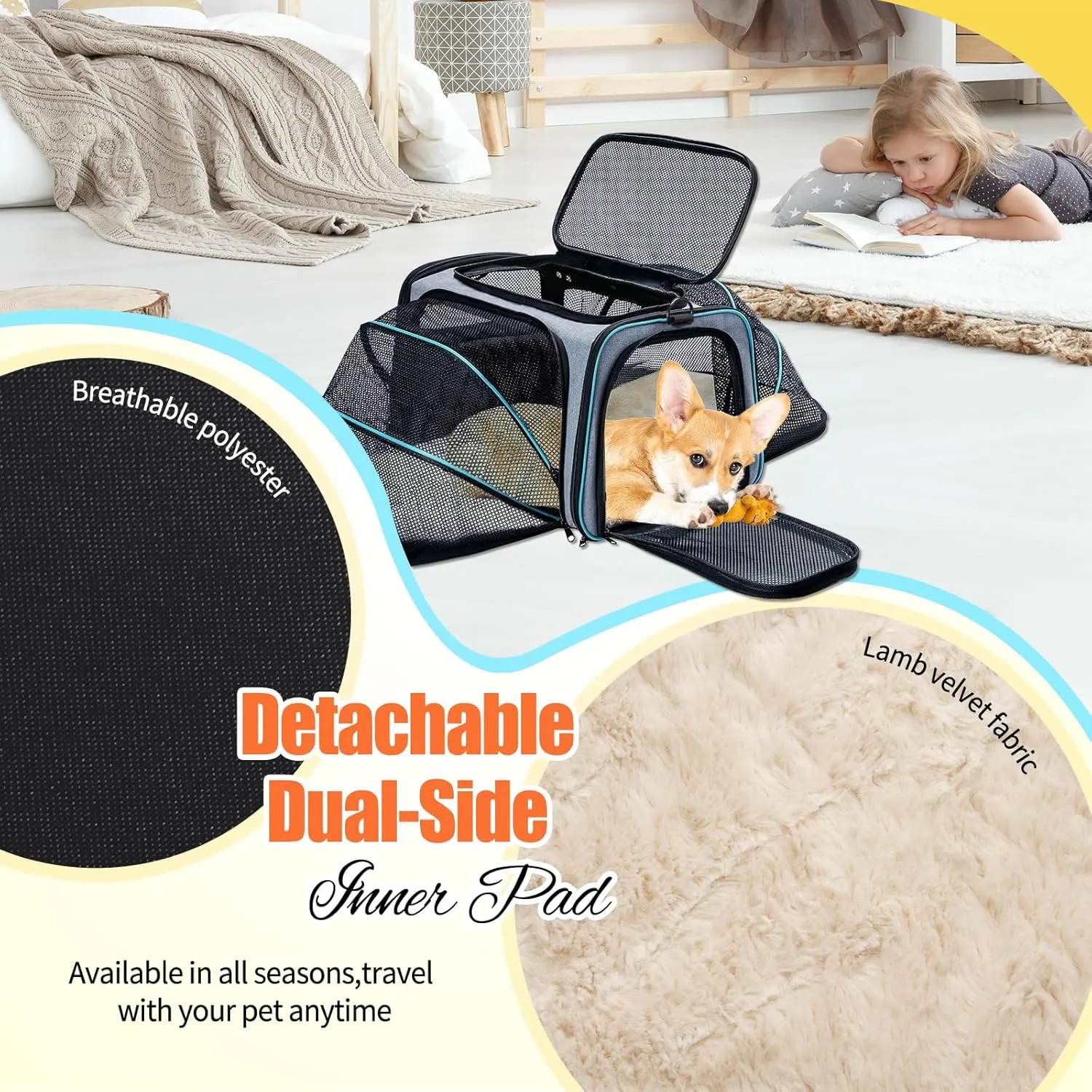 Pet Carrier Airline Approved, Expandable Foldable Soft-Sided Dog Carrier, 3 Open Doors, 2 Reflective Tapes, Pet Travel Bag Safe and Easy for Cats and Dogs
