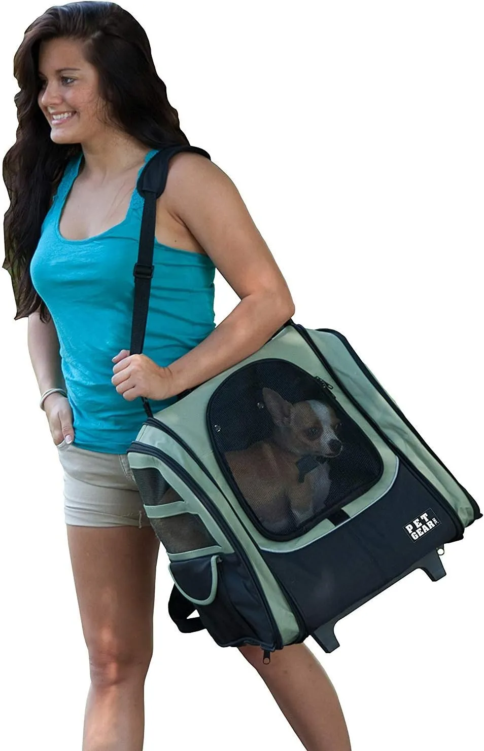 Pet Gear I-GO2 Roller Backpack, Travel Carrier, Car Seat for Cats/Dogs, Mesh Ventilation, Included Tether, Telescoping Handle, Storage Pouch,Sage,Large,PG1240SG