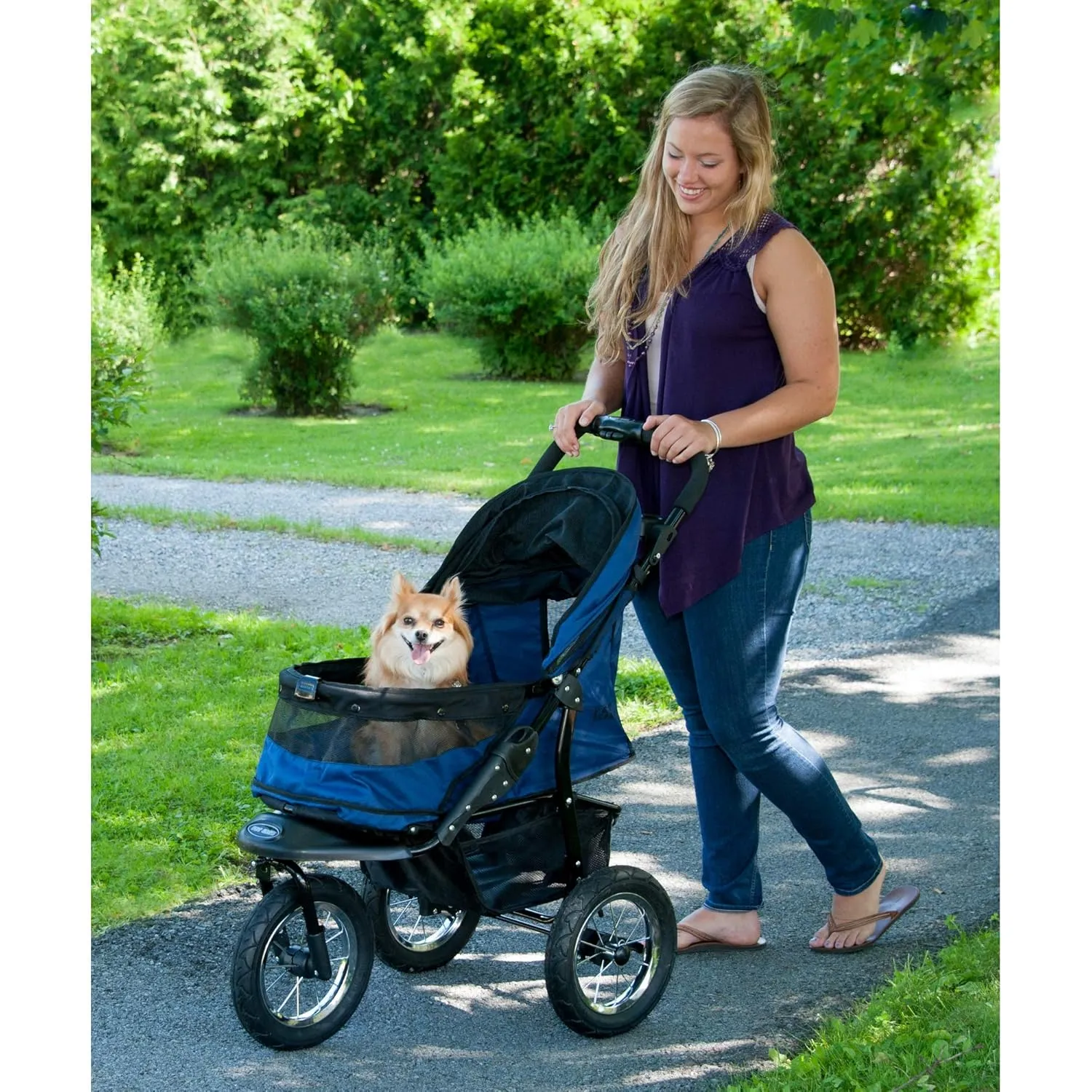 Pet Gear No-Zip Jogger Pet Stroller for Cats/Dogs, Zipperless Entry, Airless Tires, Easy One-Hand Fold, Cup Holder   Storage Basket, Navy