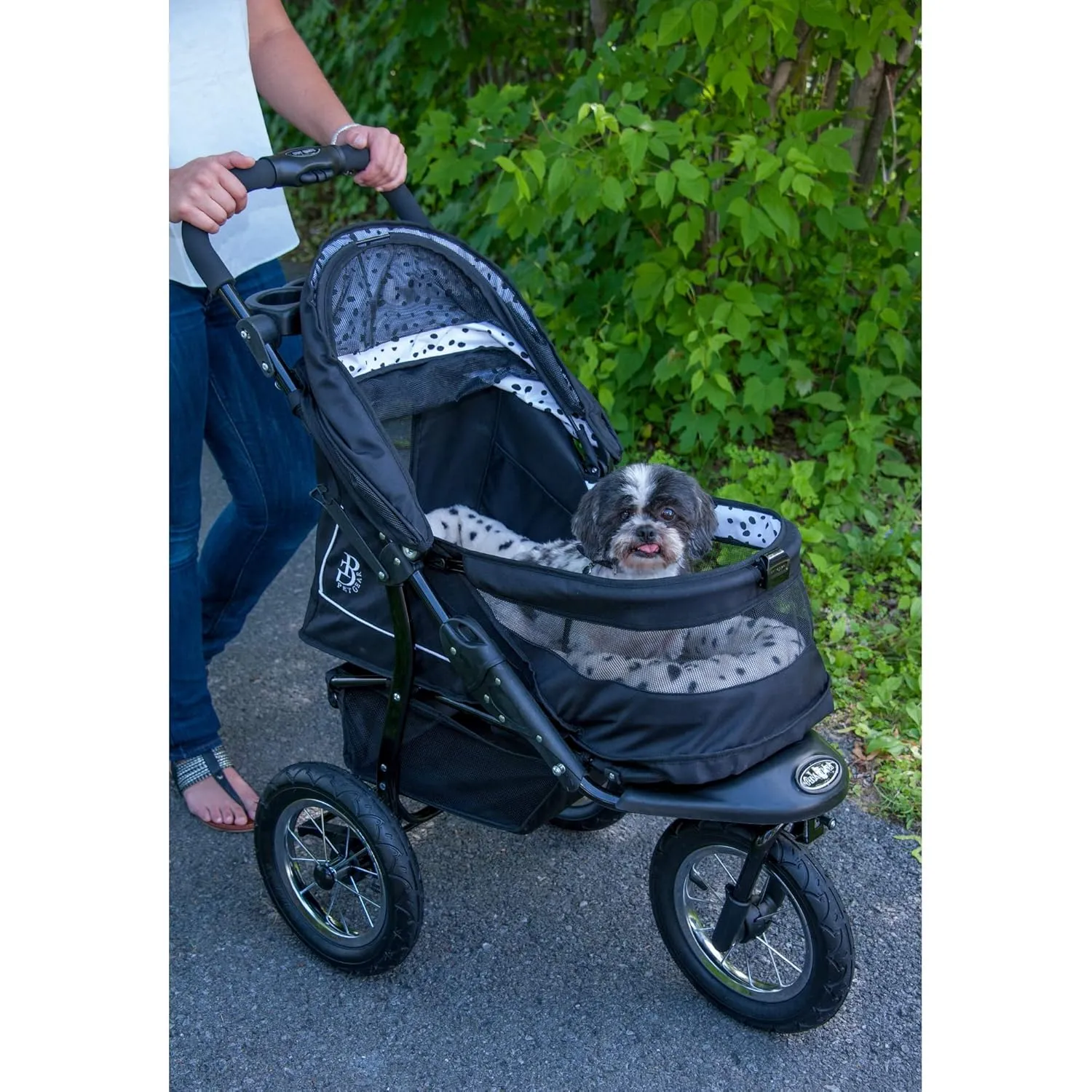 Pet Gear No-Zip NV Pet Stroller for Cats/Dogs, Zipperless Entry, Easy One-Hand Fold, Gel-Filled Tires, Plush Pad   Weather Cover Included, Black Spots
