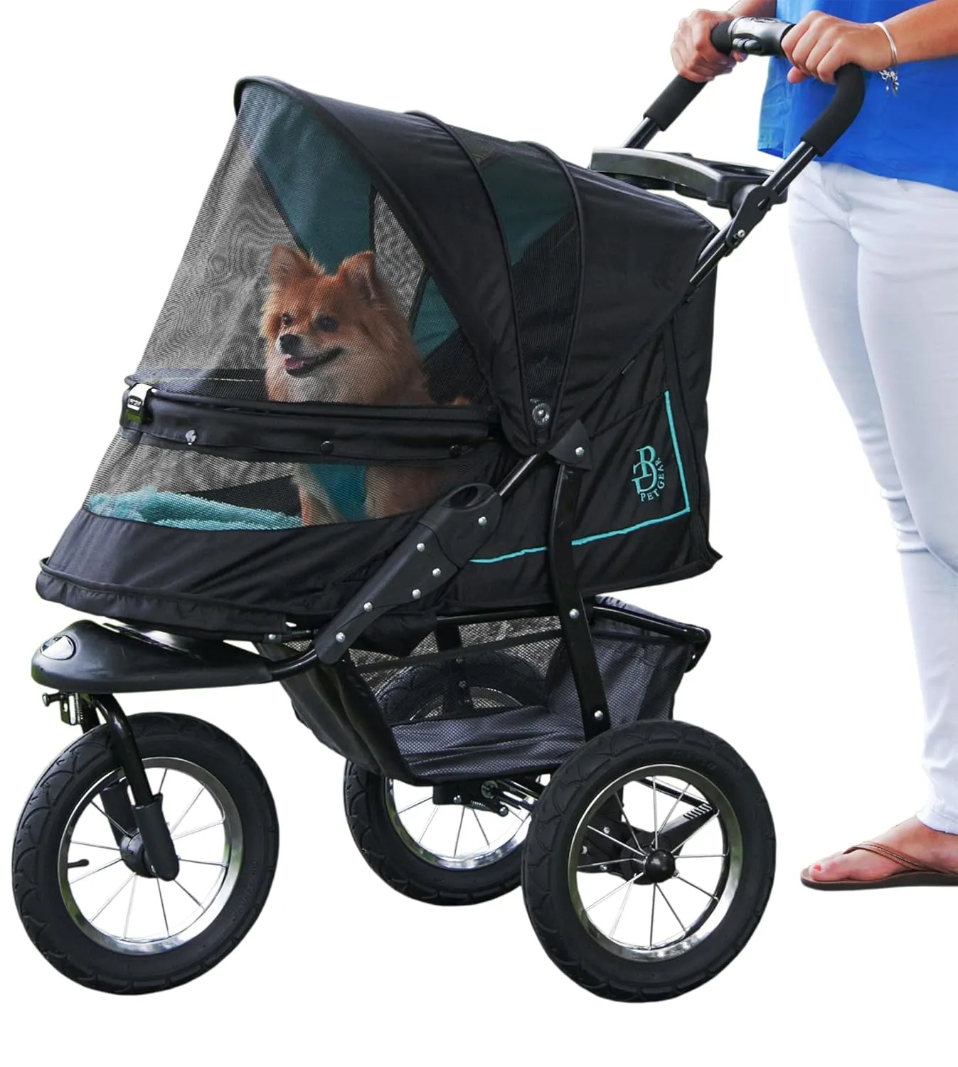 Pet Gear No-Zip Push Button Pet Stroller for Cats/Dogs, Zipperless Entry, Easy One-Hand Fold, Gel-Filled Tires, Plush Pad   Weather Cover Included, Aquamarine