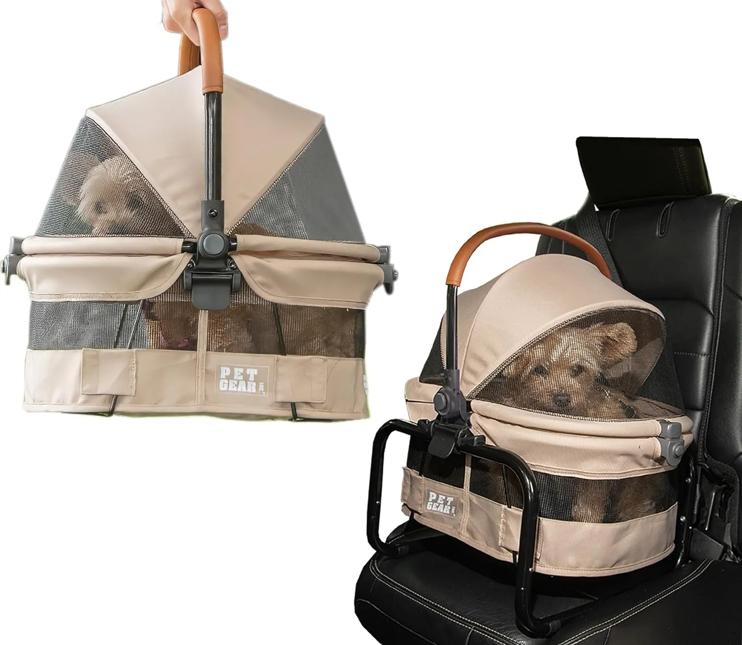 Pet Gear No-Zip View 360 Ultra Lite Pet Safety Carrier & Car Seat for Small Dogs & Cats Push Button Entry, 15", Ecru