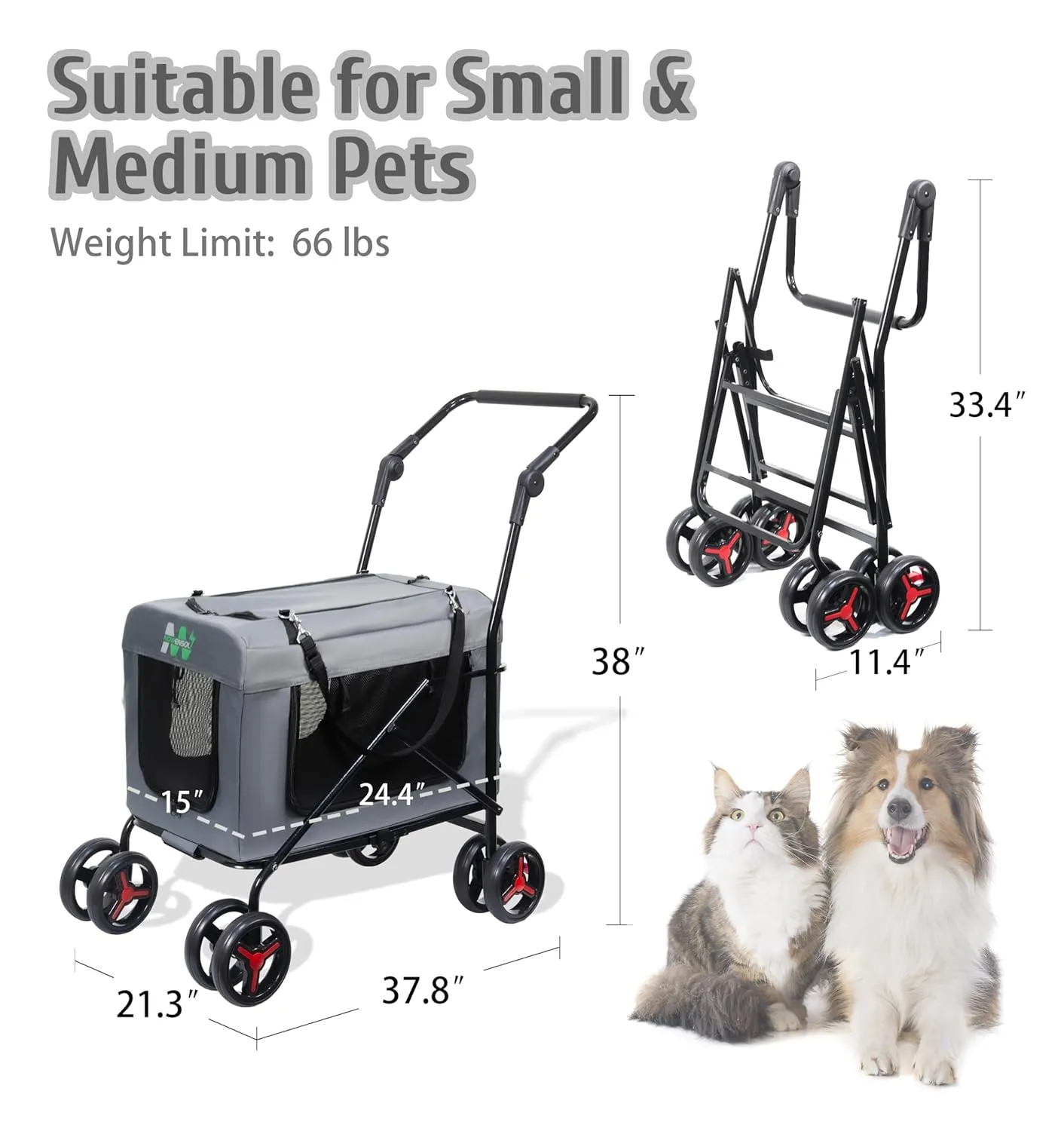 Pet Stroller with Detachable Wheels, Cat Carrier Dog Carrier, Adjustable Mesh Windows, Portable Pet Travel Bag, Travel Foldable Pet Carrier for Small Cat and Dog (Gray)